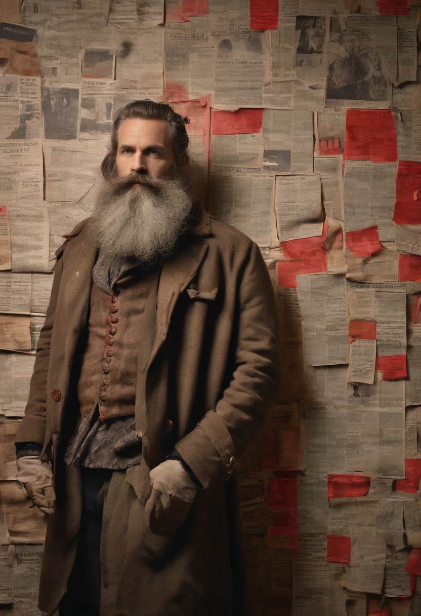 A photo of a wall covered in newspaper clippings, with various sections circled and annotated in red ink.,original,Waifish, dirty, long hair, long beard, dressed in dirty ill-fitting clothes