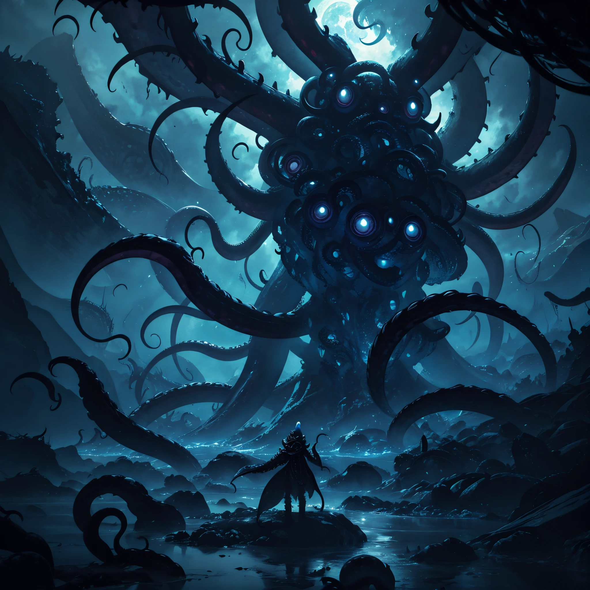An eldritch abomination tearing the earth asunder with large claws and tentacles
