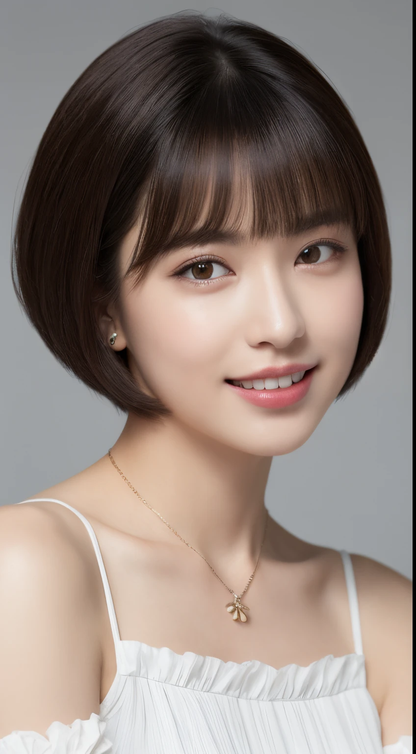 Beautiful 18 year old woman。She wears a white off-the-shoulder with white ruffles that only hide her breasts。、kindly smile、Show your teeth a little。Smile、Her hair is、Short Bob Hair Straight、(Voluminous short bob、straight haired、On-eyebrow bangs)、Bob with only one ear out、hight resolution、masterpiece、top-quality、headw:1.3、((Hasselblad photo))、Fine skin、Fine textures、foco nítido、(电影灯光)、鎖骨、ear ornament、a necklace、Light gray background