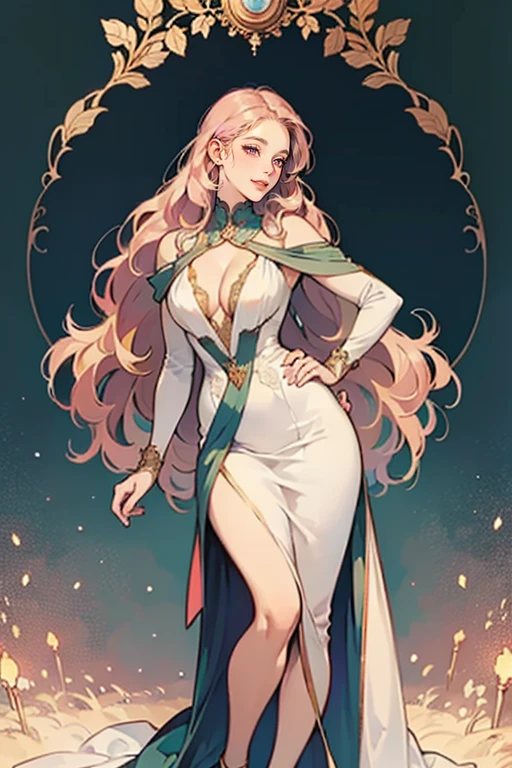 50-year-old woman, middle-aged European, (((MILF))), beautiful alluring noblewoman, (adult face), ((mature woman's face)), full lips, (oval-shaped face), (celestial nose), warm fair skin, small purple eyes, violet doe eyes, very light rose gold hair, pink blonde, pastel pink rose gold hair, very long wavy hair, tareme, long eyelashes, white Rococo fashion-inspired dress with brocade elements, radiant, glowing, luminous, enchanting, elegant, holy, dreamy, romanticism, innocence, serene, compassionate, fine art painting by Yanjun Cheng, Krenz Cushart key art feminine, a character portrait by Oliver Sin and Charlie Bowater, background by James Jean and Alphonse Mucha, ((Alphonse Mucha)), ((intricate detailed)), ((Semi-realistic)), (solo focus), (perfect face:1.1), cleavage, light smile, kind facial expression, ethereal lighting, (high detail:1.1), (((masterpiece))), ((best quality)), fantasy style art, Art Nouveau, full-length portrait, voluptuous body, ((glamour shot full body image)), fullbody illustration, cleavage, sexy clothes, big boobs, huge breasts, low cut dress, showing off legs, wide hips