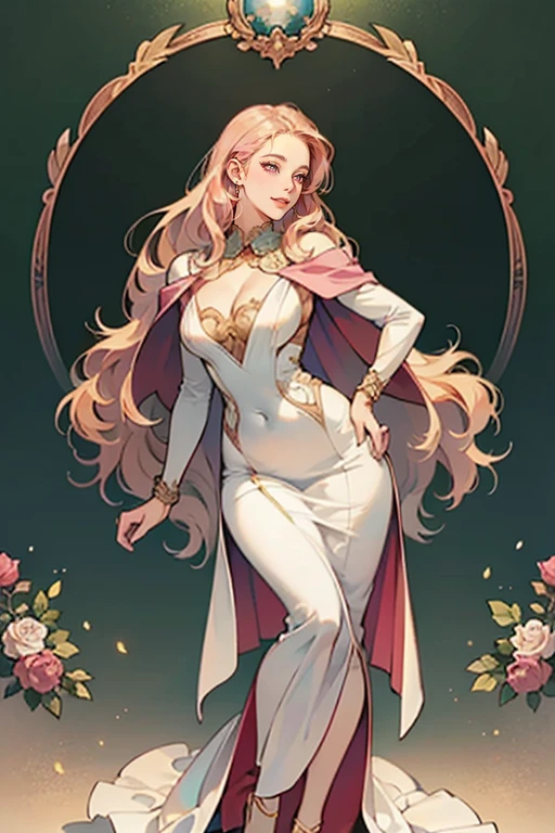 50-year-old woman, middle-aged European, (((MILF))), beautiful alluring noblewoman, (adult face), ((mature woman's face)), full lips, (oval-shaped face), (celestial nose), warm fair skin, small purple eyes, violet doe eyes, very light rose gold hair, pink blonde, pastel pink rose gold hair, very long wavy hair, tareme, long eyelashes, white Rococo fashion-inspired dress with brocade elements, radiant, glowing, luminous, enchanting, elegant, holy, dreamy, romanticism, innocence, serene, compassionate, fine art painting by Yanjun Cheng, Krenz Cushart key art feminine, a character portrait by Oliver Sin and Charlie Bowater, background by James Jean and Alphonse Mucha, ((Alphonse Mucha)), ((intricate detailed)), ((Semi-realistic)), (solo focus), (perfect face:1.1), cleavage, light smile, kind facial expression, ethereal lighting, (high detail:1.1), (((masterpiece))), ((best quality)), fantasy style art, Art Nouveau, full-length portrait, voluptuous body, ((glamour shot full body image)), fullbody illustration, cleavage, sexy clothes, big boobs, huge breasts, low cut dress, showing off legs, wide hips