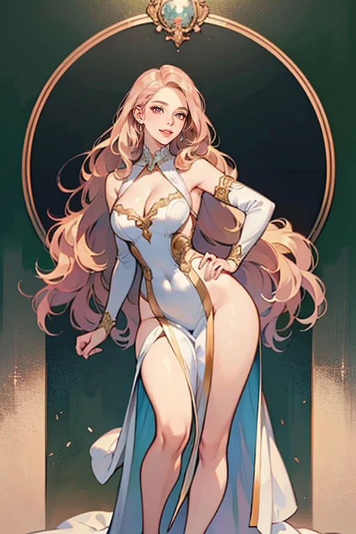 50-year-old woman, middle-aged European, (((MILF))), beautiful alluring noblewoman, (adult face), ((mature woman's face)), full lips, (oval-shaped face), (celestial nose), warm fair skin, small purple eyes, violet doe eyes, very light rose gold hair, pink blonde, pastel pink rose gold hair, very long wavy hair, tareme, long eyelashes, white Rococo fashion-inspired dress with brocade elements, radiant, glowing, luminous, enchanting, elegant, holy, dreamy, romanticism, innocence, serene, compassionate, fine art painting by Yanjun Cheng, Krenz Cushart key art feminine, a character portrait by Oliver Sin and Charlie Bowater, background by James Jean and Alphonse Mucha, ((Alphonse Mucha)), ((intricate detailed)), ((Semi-realistic)), (solo focus), (perfect face:1.1), cleavage, light smile, kind facial expression, ethereal lighting, (high detail:1.1), (((masterpiece))), ((best quality)), fantasy style art, Art Nouveau, full-length portrait, voluptuous body, ((glamour shot full body image)), fullbody illustration, cleavage, sexy clothes, big boobs, huge breasts, low cut dress, showing off legs, wide hips