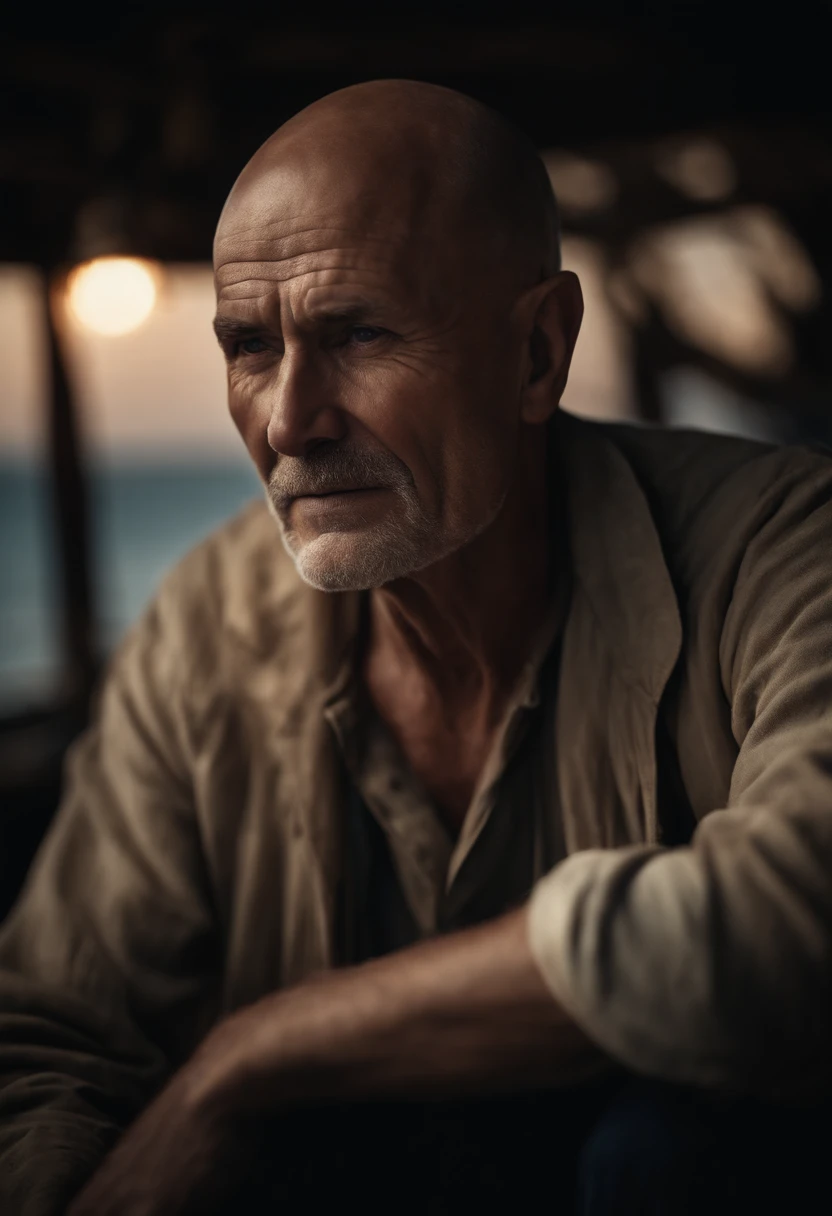 Award-winning male portraits, old sailor, Keep your eyes fixed on the camera, side lights, (Wrinkled face details:0.7), Teletle, Mondel, Torchfire, dreary atmosphere, Night on the sea outside, Realistish, intricate detailes, Truly Aging Skin Texture、(bald:1.3)