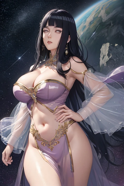 master part, Absurdo, Hinata\(Boruto\), 1girl, bunda grande ((bunda extremamente grande)), (peitos extremamente grande),sozinho,Mature female, Latex lingerie, , (corpo musculoso e definido com pose sexy), perfect composition, Detailed lips, peito grande, beautiful face, body propotion, corar, (pink lips), Cabelos Longos,  Purple eyes,  Olhar Suave,  super realistic, circunstanciado, Photo Session, rosto e corpo realistas, Woman in a golden transparent dress,view the viewer,(((Huge breasts, Large cleavage))),Slim waist,(navel baring,Bare waist), Long hair, Ultra-detailed details,High-end Zhenyi station, Rainstorm site, detailed fantasy art, Stunning character art, Beautiful and exquisite character art, Beautiful gold and silver armor, Extremely detailed, Girl in shiny armor, Exquisite tiaras and jewelry,Crystal jewelry filigree, milky ways, Stunning visuals, (dynamic streaks, light tracks:1.2), Vibrant colors, ​masterpiece、Background with（（Fantastic starry sky、kosmos、Meteor swarm、black hole、Irridescent color））depth（（Planets issuing white））、Seen from below