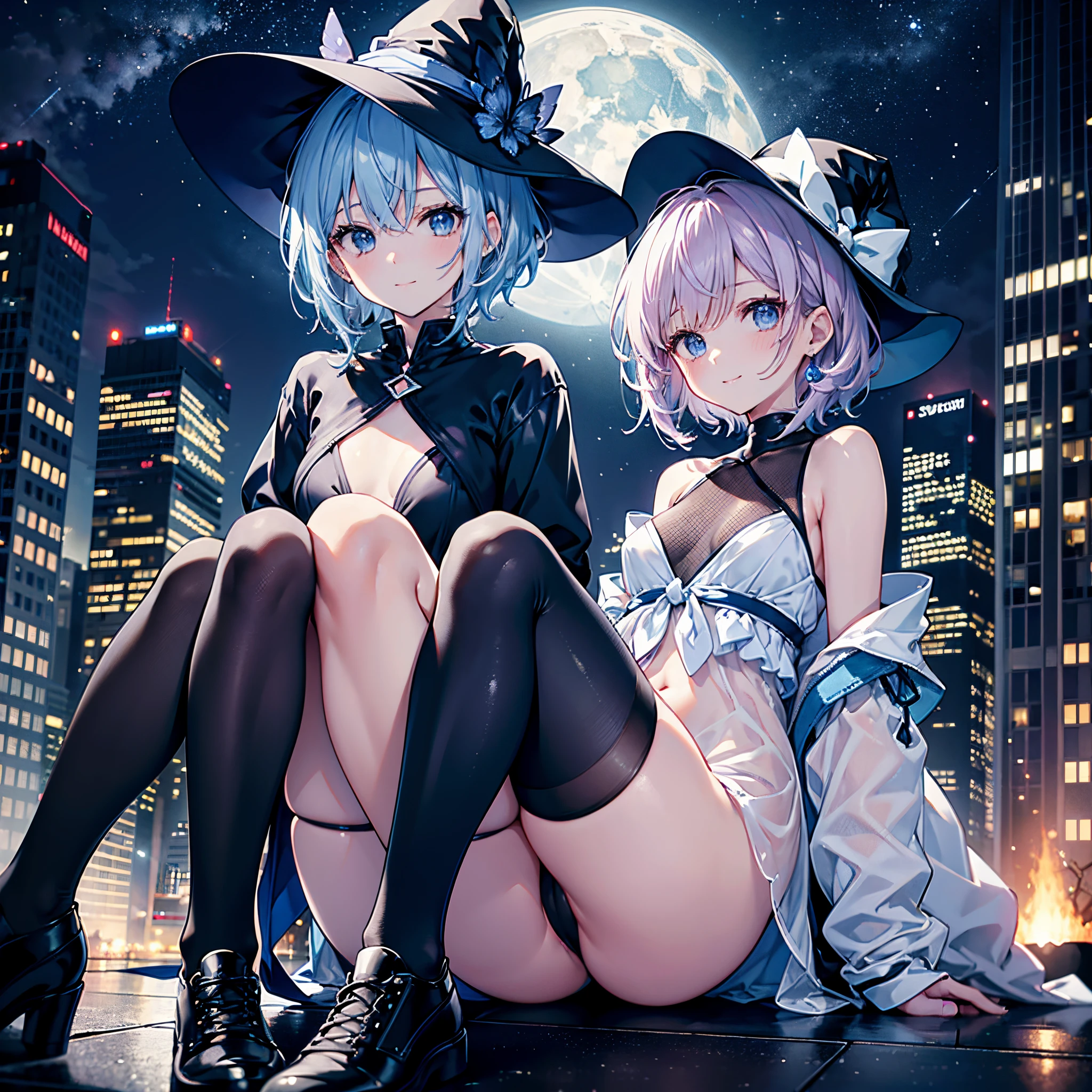 This is the rooftop of a skyscraper in the city.、It's late at night now.、You can see the night view of many low buildings in the background.、Photograph them from above、Small moon and starry sky、You can see the beautiful sea with the moonlight reflecting in the distance.、She was a 27-year-old woman with small breasts and loose, fluffy pure white short hair.、One is a 31-year-old woman with small breasts and dark blue-purple lob hair.、The two are having fun、street snap、Beautuful Women、Looking at me with a smile、She wears a large black witch hat with sapphire accessories、Dark blue-purple medium short hair with white mesh and loose lob hair、Blue eyes with highlights、She doesn't wear anything、she isn't wearing anything、She's naked、naked woman、Black sneakers with white shoelaces、small tits、discreet breasts、Her nipples are visible、You can see her female genitalia、You can see her clitoris、A fragile smile、hiquality、High Details、high-level image quality、4K picture quality、beatiful backgrounds,drawn by Japanese ilastrator
