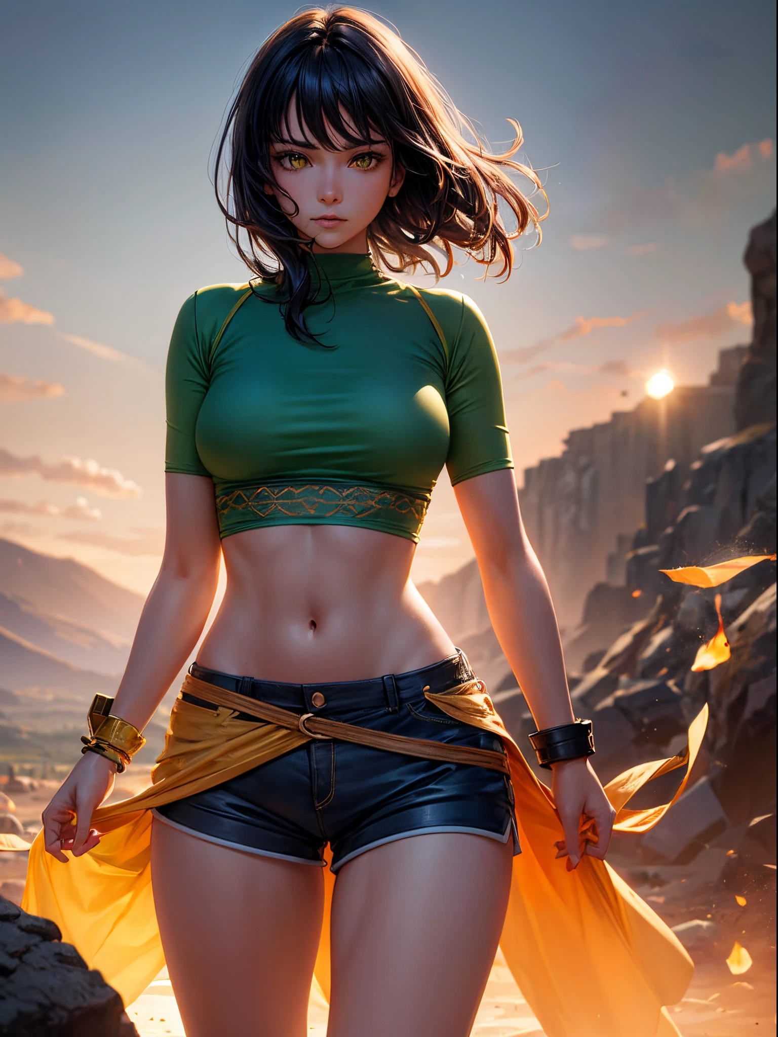 Bright shot: 1.3), epic realistic, Yellow eyes, Rider Girl, (one girl), Light grey opaque short sleeve blouse, Sheer fabric at waist, Wavy Hair 1.4, (dark blue hair), short hair hair, Dark blue and orange color scheme, (Light Green Shorts), Aesthetics of arid lands and valleys!!! n أطلال, soft cinematic light, adobe lightroom, darkroom, hdr, Dilemma, Green cuffs on arms, Red trimming straps over sheer fabric at waist, Thong under shorts