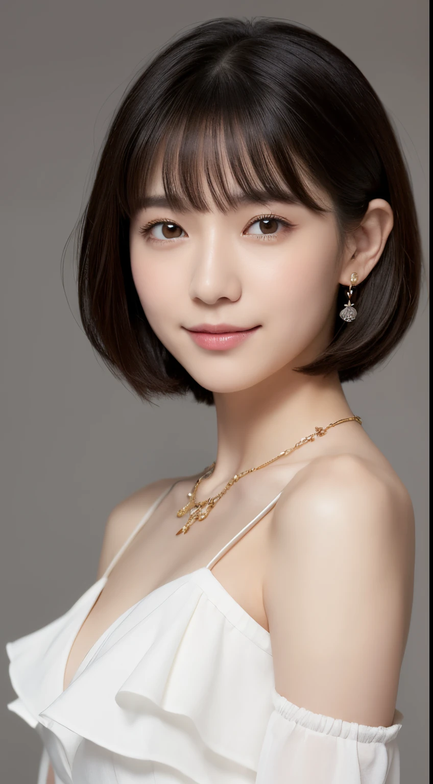 (top-quality, masterpiece, hight resolution), Beautiful 18 year old woman。She wears a white off-the-shoulder with white ruffles that only hide her breasts。Put your shoulders out、kindly smile、Show your teeth a little。Short Bob Hair Straight、(Voluminous short bob、Trimming the bob、straight haired、Straight bangs、On-eyebrow bangs)、Bob with only one ear out、foco nítido、(电影灯光)、鎖骨、ear ornament、a necklace、Light gray background
