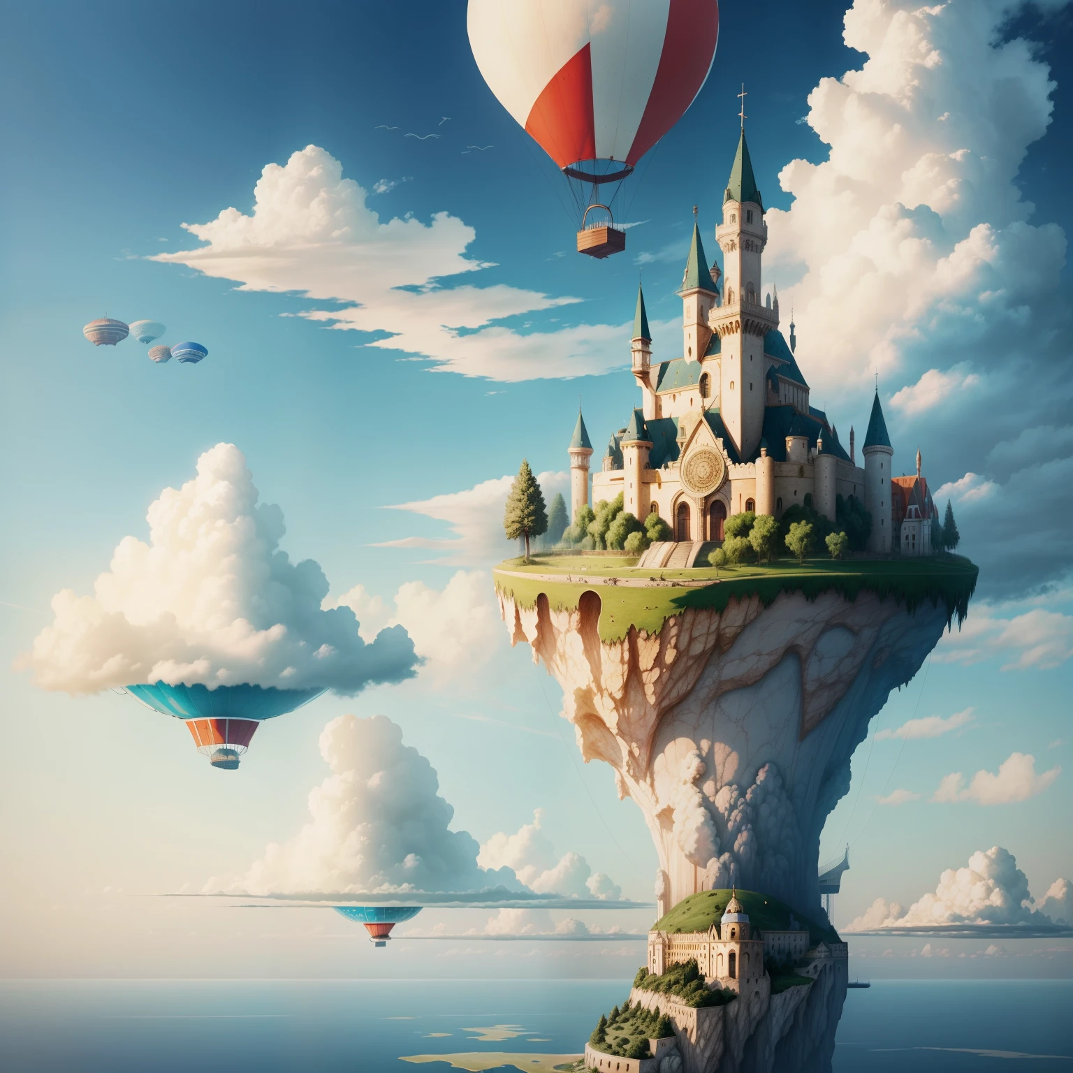 Scenery, palla,cloud, Outdoors, skyporn, Floating Island, aircraft, Fantasy, blimp, tree, No humans, Water, das boot, tower, mont, building, day