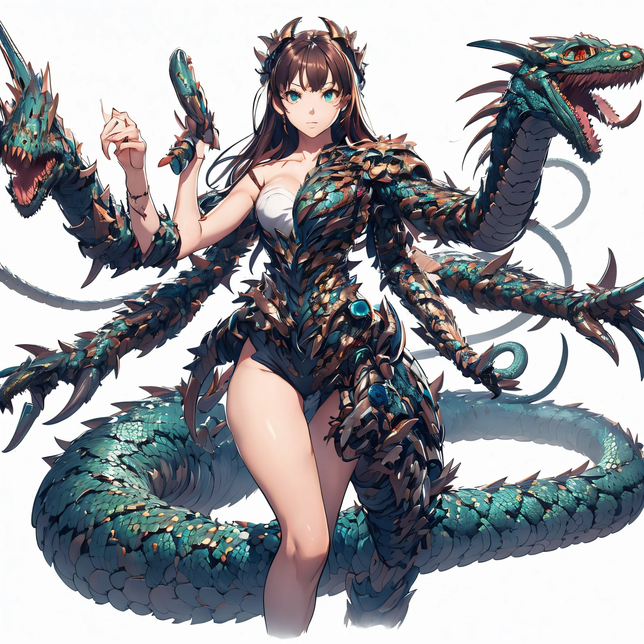 A beautiful girl who has fused with a Kaiju. She is a reptilian element. Two snakes jump from her back. Both hands become weapons. armored body.