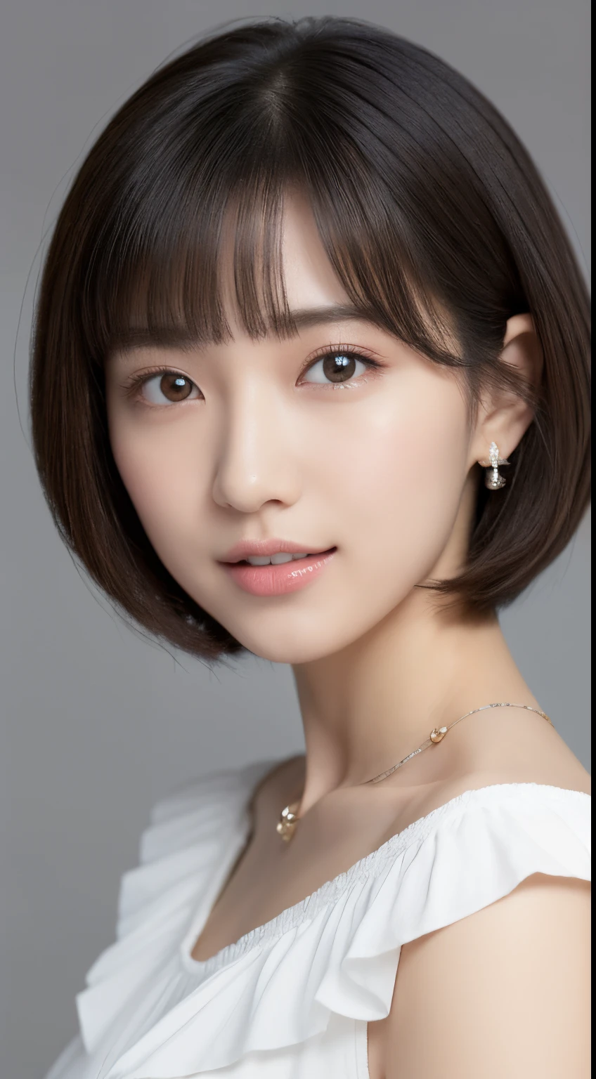 (top-quality, ​masterpiece, hight resolution), Beautiful 18 year old woman。She wears a white off-the-shoulder with white ruffles that only hide her breasts。Put your shoulders out、kindly smile、Show your teeth a little。Short Bob Hair Straight、(Voluminous short bob、Trimming the bob、straight haired、Straight bangs、On-eyebrow bangs)、Bob with only one ear out、foco nítido、(电影灯光)、鎖骨、ear ornament、a necklace、Light gray background