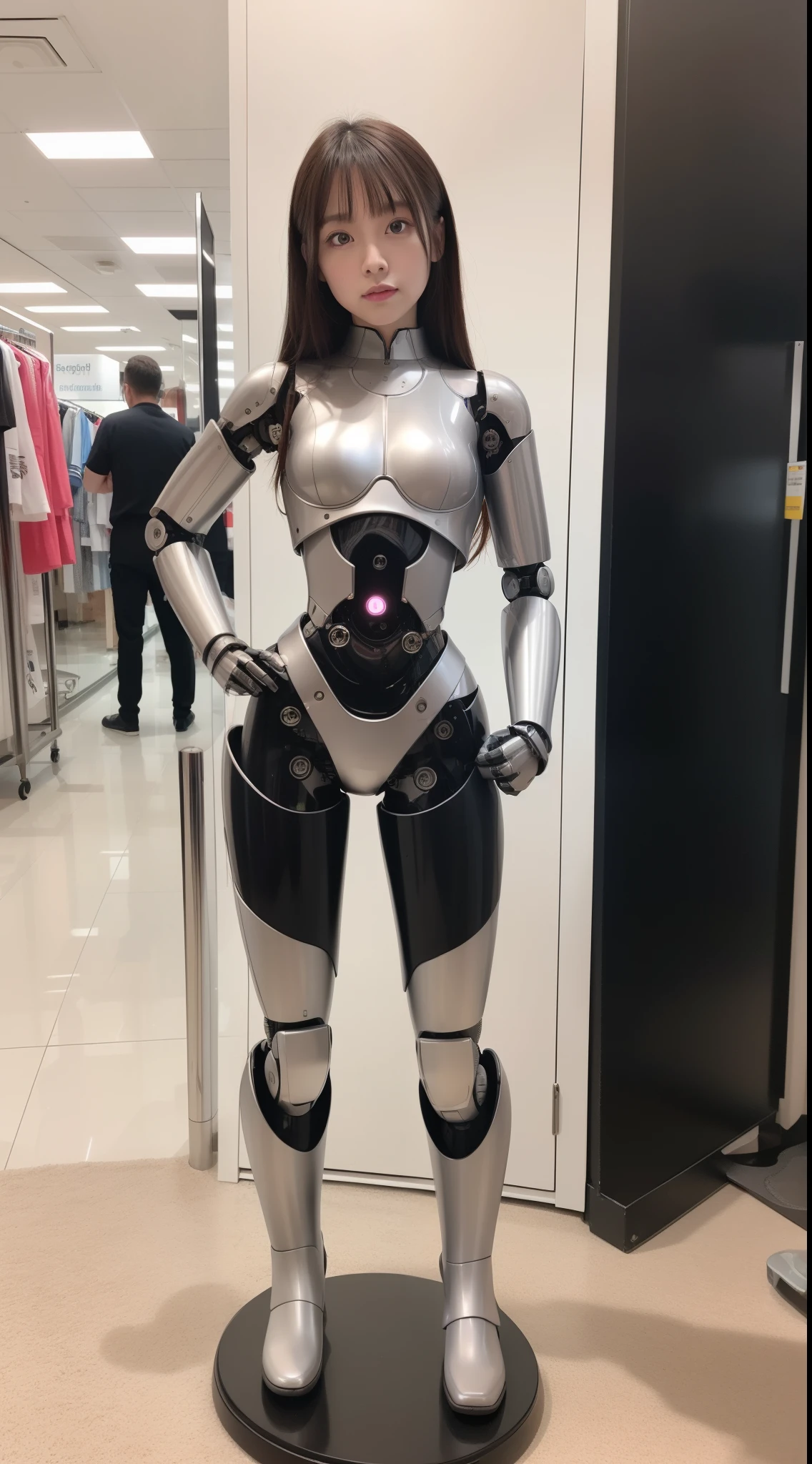 Robot Girl, pink there, Silver, Metallic body, Robot Parts, Metal Parts, Super Detailed Face, Super well-formed face, of the highest quality, a small face, a small head, Brown hair, Slender body, Camera gaze, Internal Mechanical Exposure, Idol, front facing, Well-proportioned body, sale, Exhibited, Event Hall, Moe Pose, Job Interview Suit Machine Armor, Standing with legs open, Model body type, sad, Embarrassing,(Perfect Robot Girl),(Perfect machine body)