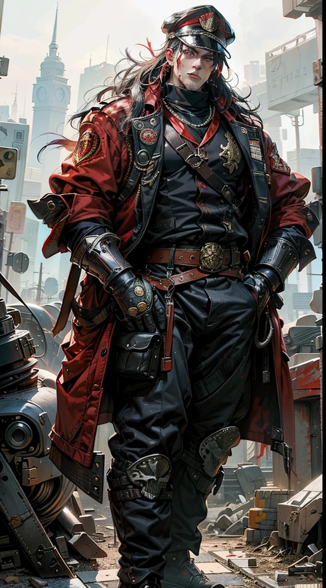 street fighter bison movie stills,(White-eyed)、(Red military uniform)、(Red military cap with skull emblem)、big muscle、Very large muscles、The background is simple black with a skull emblem.................、(6 feet tall)、sit in a big seat, Luxury seating、with big smiles on their faces、Splattering blood、View from below、