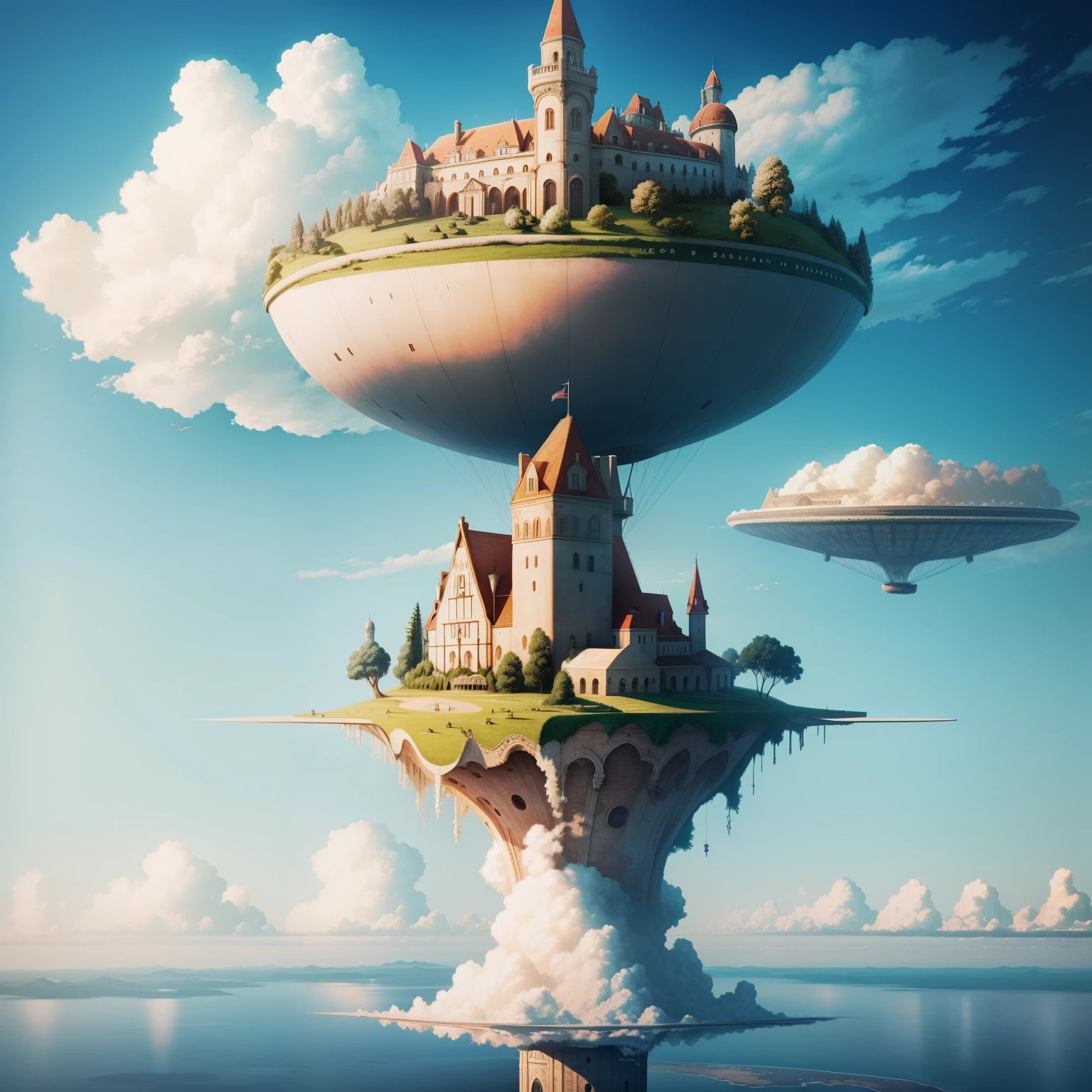 Scenery, palla,cloud, Outdoors, skyporn, Floating Island, aircraft, Fantasy, blimp, tree, No humans, Water, das boot, tower, mont, building, day
