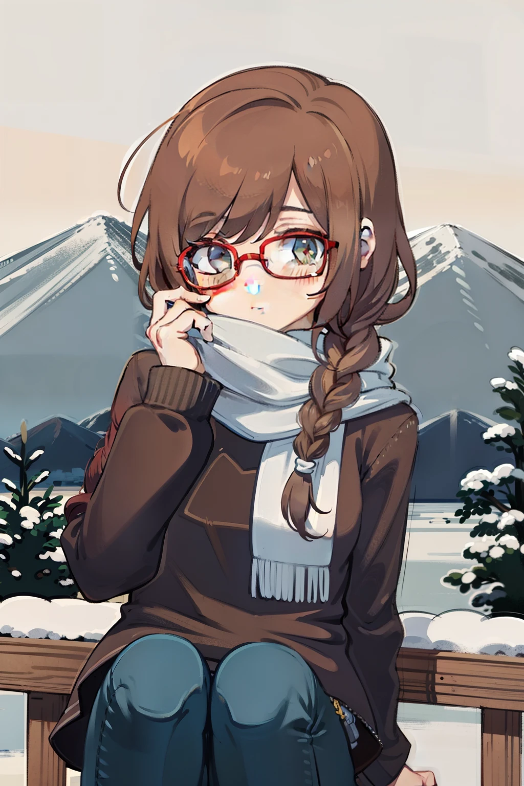 Young girl, braided hair, brown hair, with glasses, blue top, jeans short, white scarf,  4k, michelle chang, in a mountain, winter, snow mountain, winter trees behind, 4k