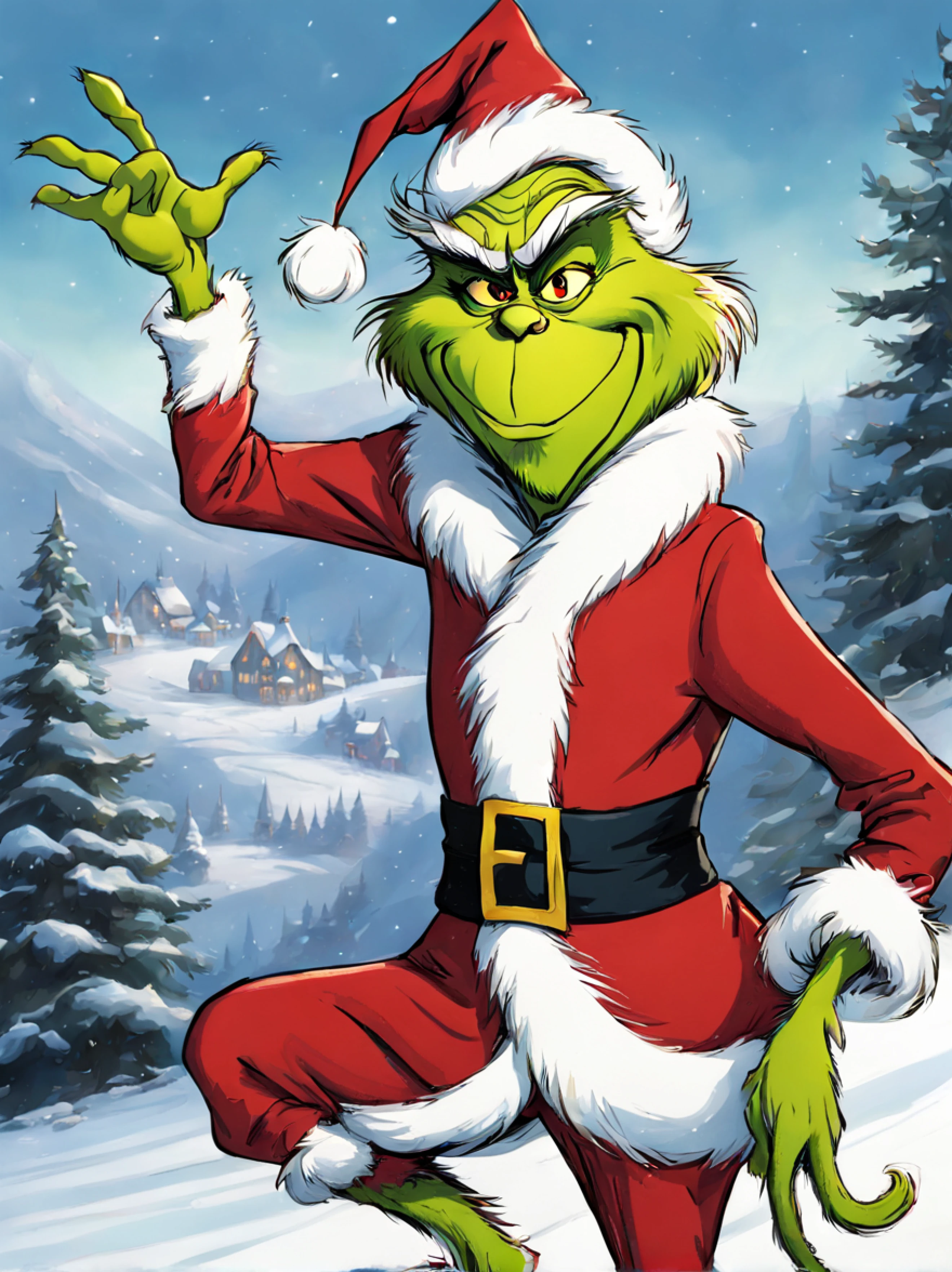 (epic digital painting:1.3), (solo:1.3), against the serene backdrop of a snow-drenched valley, a Grinch with a sly grin stands upon a majestic hill, clad in a vibrant red and white striped scarf, his fur-trimmed, olive-green coat embraces him snugly, warding off the winter chill, the Grinch's matching mittens adorned with whimsical snowflake patterns add a touch of playfulness to his ensemble. with a mischievous glimmer in his eyes he casts a glance upon the enchanting sight of Whoville