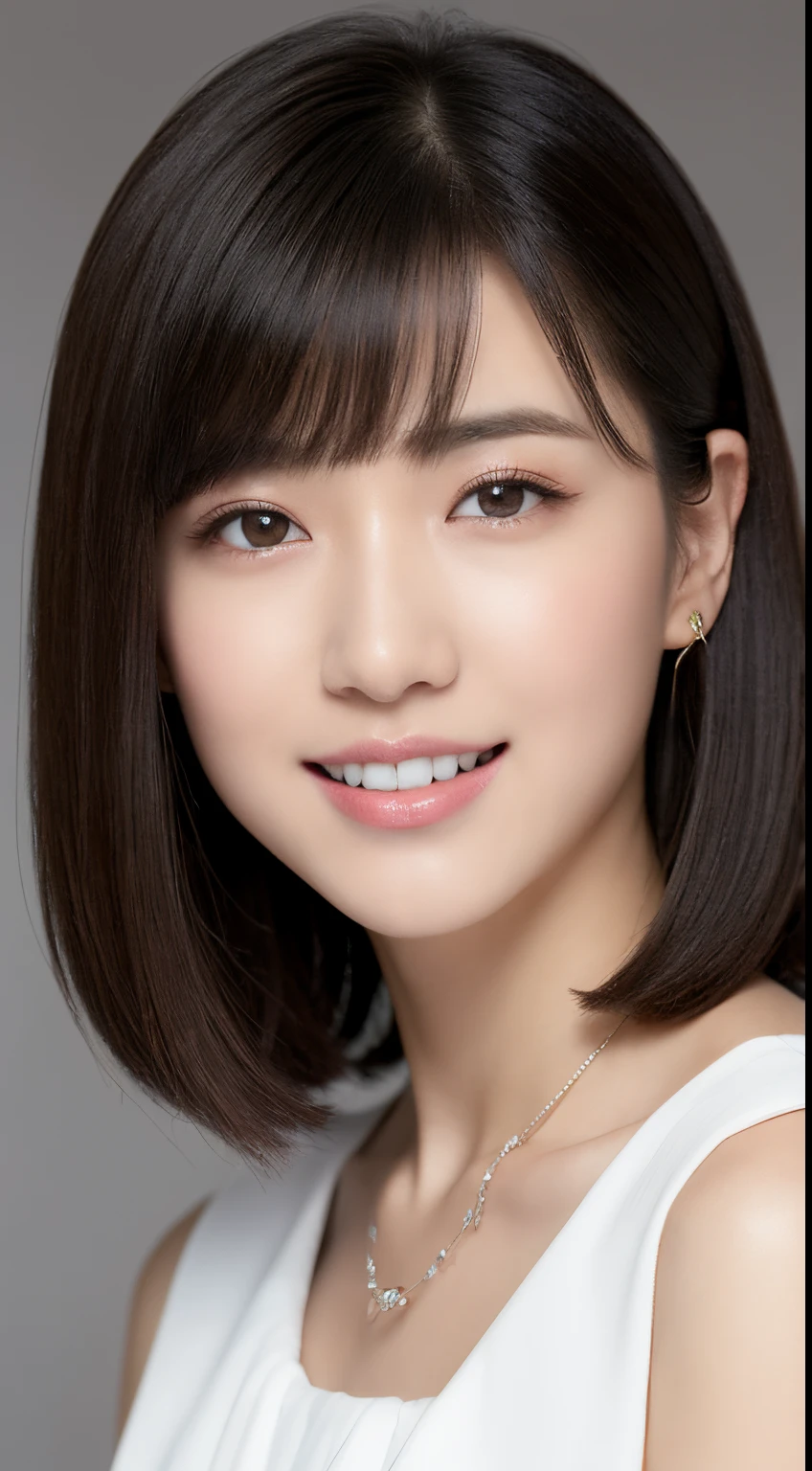 (top-quality, masterpiece, hight resolution), Beautiful 18 year old woman。She wears a white off-the-shoulder with white ruffles that only hide her breasts。Put your shoulders out、kindly smile、Show your teeth a little。Short Bob Hair Straight、(Voluminous short bob、Trimming the bob、straight haired、Straight bangs、On-eyebrow bangs)、Bob with only one ear out、foco nítido、(电影灯光)、鎖骨、ear ornament、a necklace、Light gray background