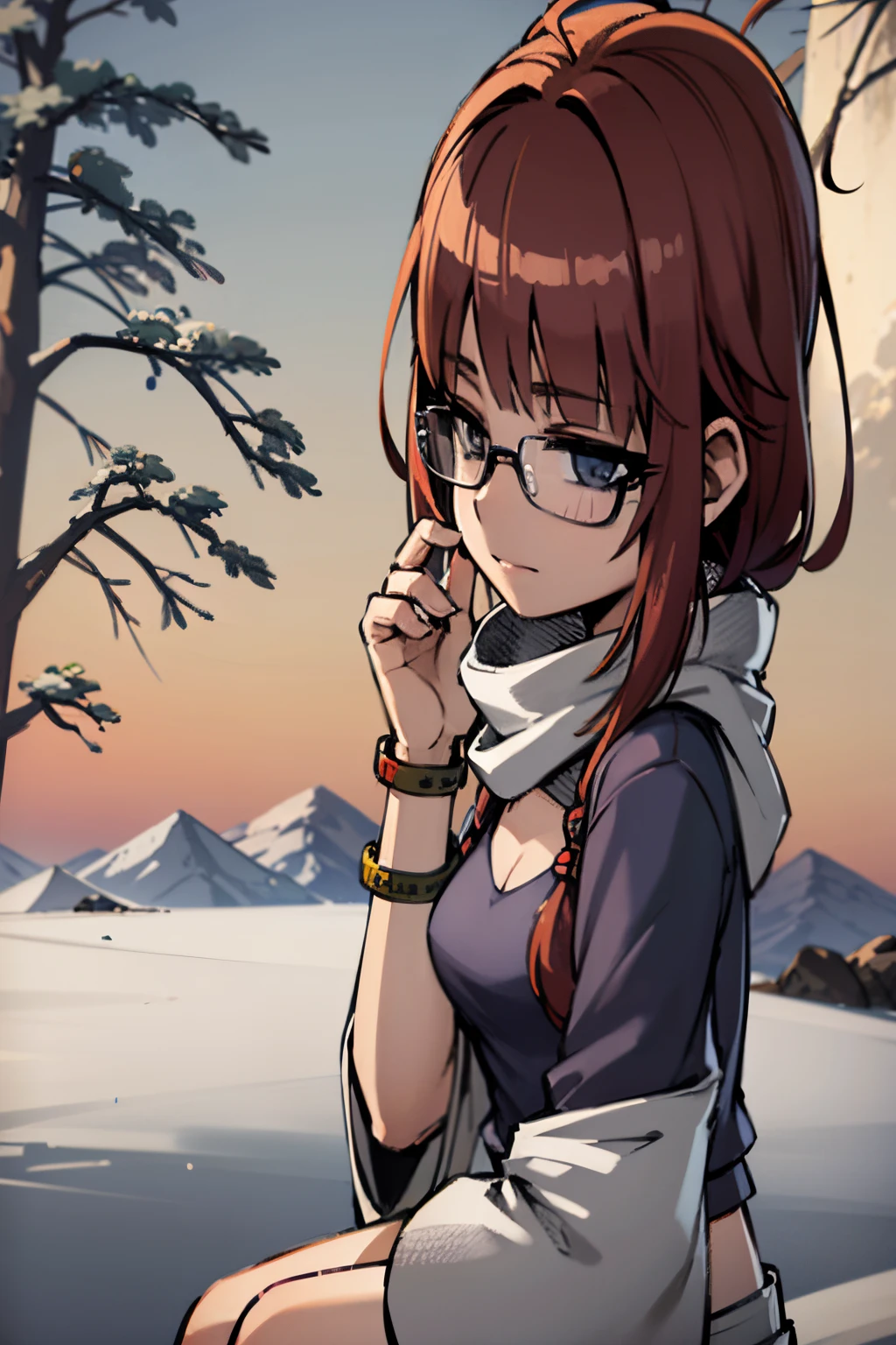 anime girl with glasses sitting on a rock in the snow, anime moe artstyle, Makoto Shinkai ( apex legends ), Makoto Shinkai Estilo de Arte, protagonista feminina :8, Estilo Makoto Shinkai, Digital anime illustration, kantai collection style, retrato estilo anime, anime retrato, arte anime de alta qualidade, Retrato de uma garota de anime