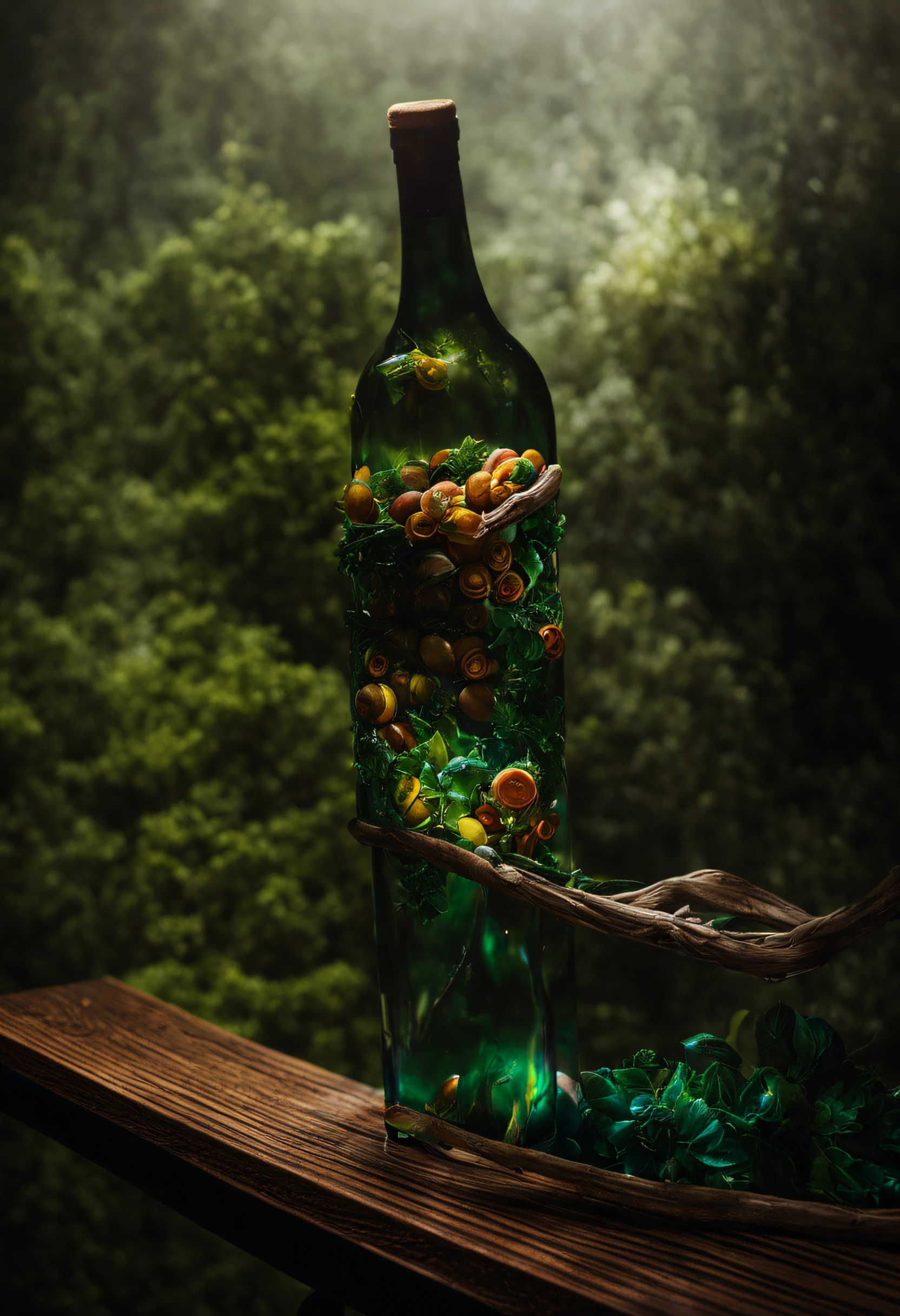 (An intricate Universe, landscape trapped in a bottle), atmospheric oliva lighting, on the table, 4k UHD, dark vibes, hyper detailed, vibrant colours, epic composition, octane render, sharp focus, high resolution isometric, Leonardo Da Vinci style.