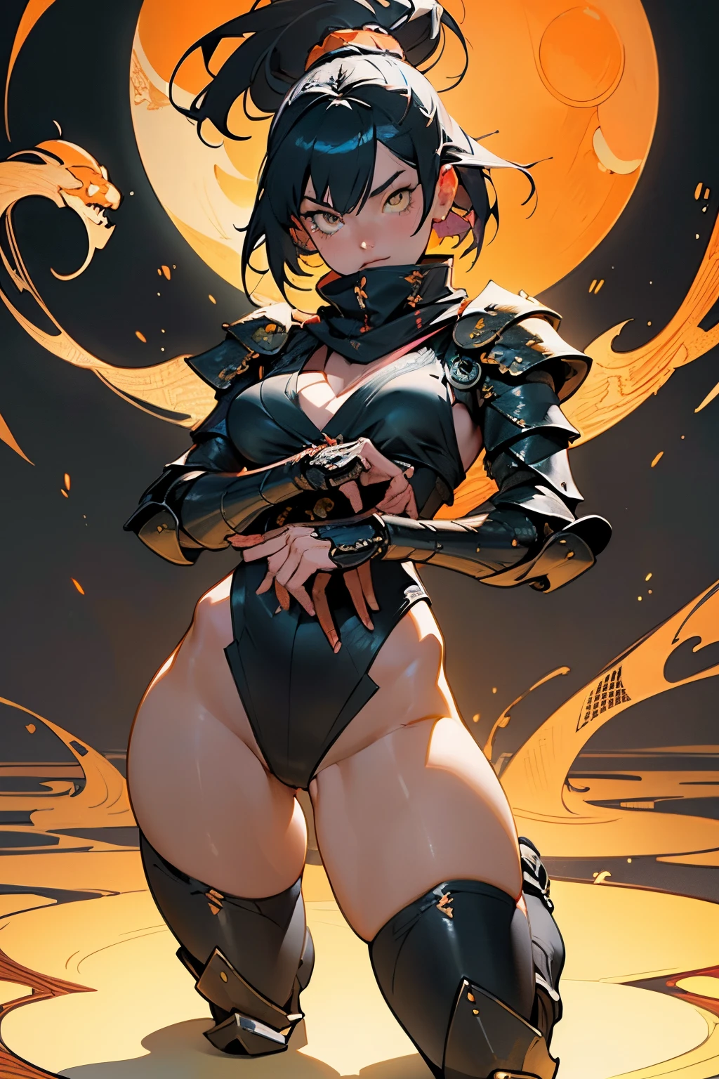 [Shinjuku background at night],(HENTAI ANIME) (Japanese NINJA Girl (Beauty)  student) petite and muscular [Slim & fit body], Short Bob Cut,([hornet] Orange Ninja Battle Armor) scarf [stall] ((Fitting rubber inner) [honeycomb] [edg]) hair adornments (Dull metallic luster:0.8),gravure [KUNOICHI],(Perfectly proportioned),Ideal color coordination),(Intricate and beautiful decoration (Dense detail)),[Perfect hand details],(Beautiful perfect face, yellow eyes, yellow irises, [Perfect eye details, [Full body like], fit thighs, thigh gap,[[Desaturation]], pretty hands, perfect fingers