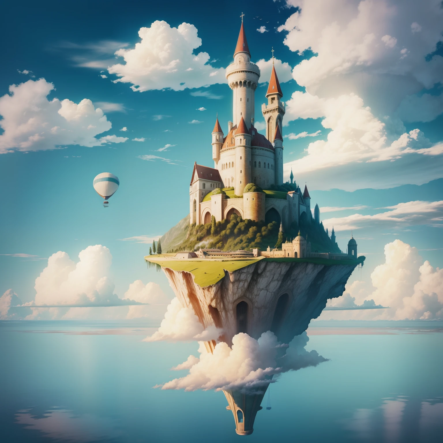 Scenery, palla,cloud, Outdoors, skyporn, Floating Island, aircraft, Fantasy, blimp, tree, No humans, Water, das boot, tower, mont, building, day