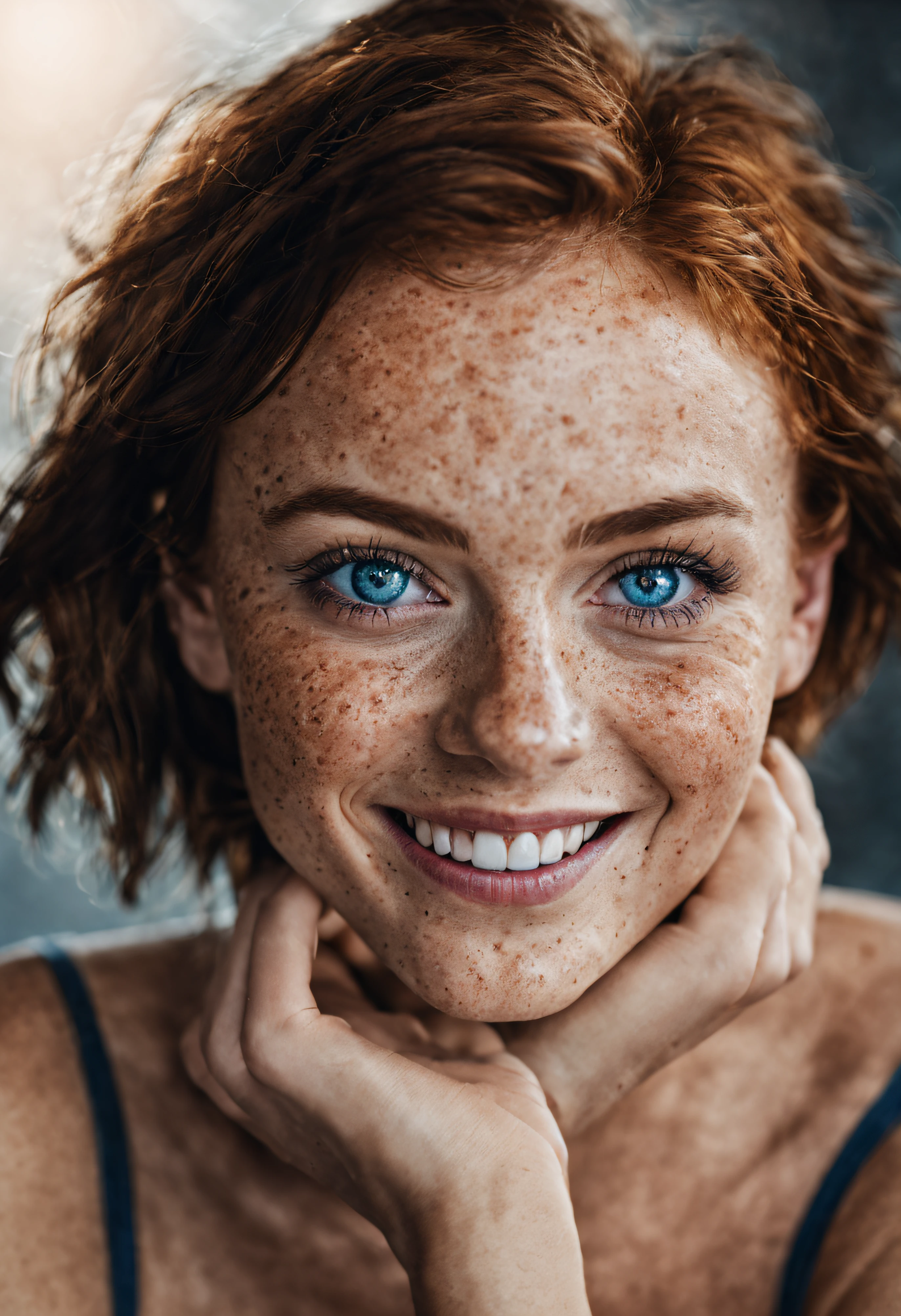 beautiful lady, (freckles), big smile, blue eyes, short hair, dark makeup, hyperdetailed photography, soft light, head and shoulders portrait, cover