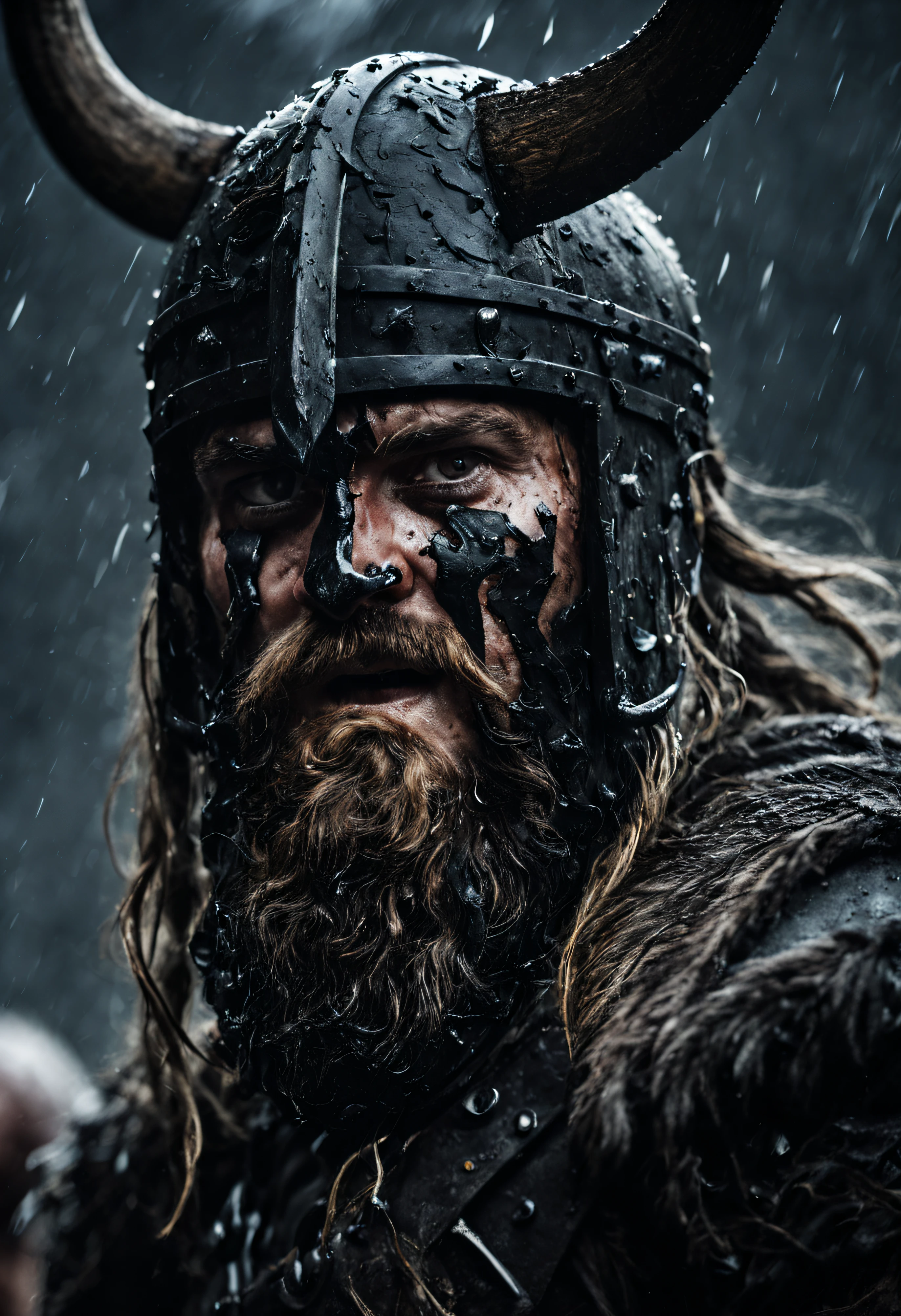 A close-up shot of a fierce Viking King, covered in dripping wet black mud, wearing a dark metal helmet with imposing black horns. His dark warpaint and scruffy black beard emphasize his angry expression, while a scar on his face tells a story of battles fought. The scene is bathed in cinematic lighting with dramatic volumetric rays, creating a moody and intense atmosphere. The Viking King grips his menacing Viking Axe