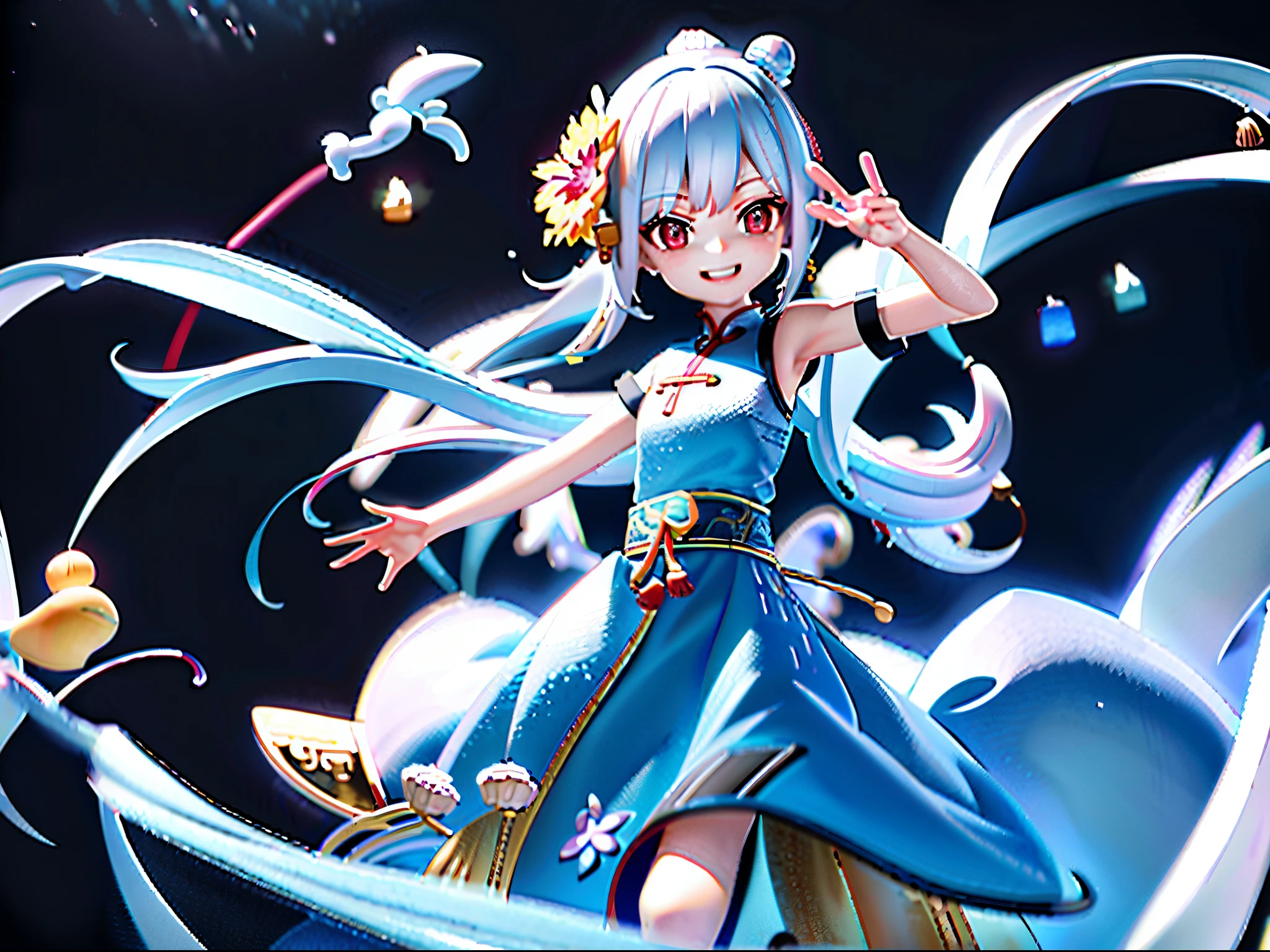Chinese style, 3d Pixar character style, 3d, toys, tide play, ip, blind box, magic, whole body, cute girl, Hanfu, good smile, long hair, super clear, transparent material of one Chinese dragons, ice cube, drop reflected light, style prism + hibiscus, pure black background, particle, particle, blue light, Trend octane Render on art Workstation, 8K, HD, 3d, c4d, Blender --niji 5 --ar 4:3