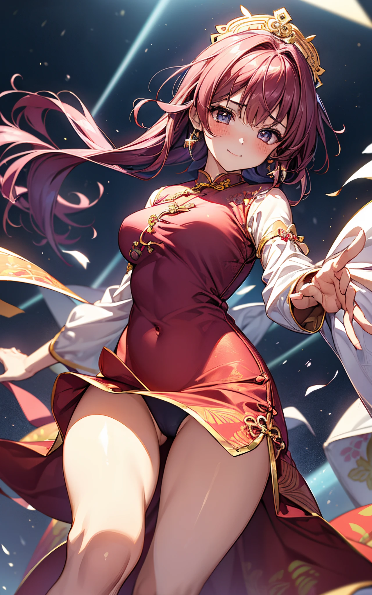 top-quality、hight resolution、masterpiece、super precision、8K、(1人の女性)、8 head body、
Colorful、Fine skin、thighs thighs thighs thighs、Beautiful woman with plump breasts、Bright expression、A slight smil、red blush、plump eyes、Eyes sparkle、
(((Luxury cheongsam)))、(((Pedras preciosas)))、
(Photorealistic backgrounds)、Daytime Downtown、neons、Crowds、kirakira、
Watching the viewer、
(((hair adornments)))、Hide your fingertips、Refers to 5 books、
Composition seen from a low position、(Dancing)、
