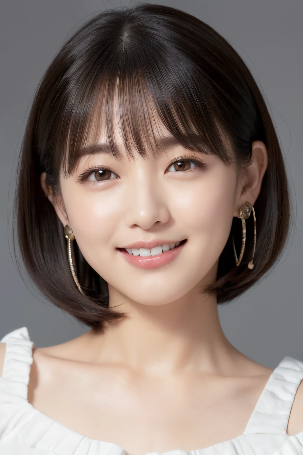 (top-quality, ​masterpiece, hight resolution), Beautiful 18 year old woman。She wears a white off-the-shoulder with white ruffles that only hide her breasts。Put your shoulders out、kindly smile、Show your teeth a little。Short Bob Hair Straight、(Voluminous short bob、Trimming the bob、straight haired、Straight bangs、On-eyebrow bangs)、Bob with only one ear out、foco nítido、(电影灯光)、鎖骨、ear ornament、a necklace、Light gray background