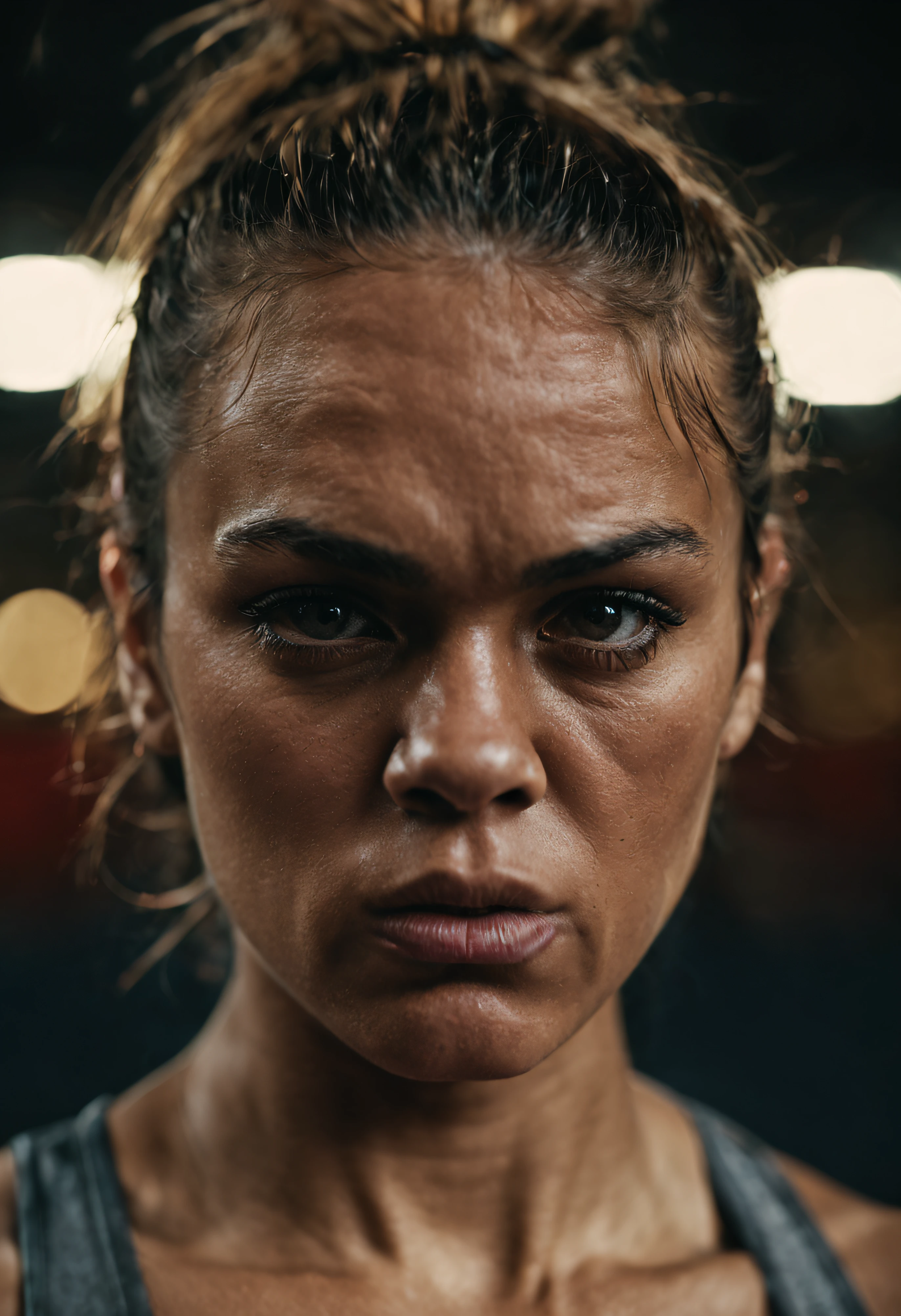 photograph close up portrait of Female boxer training, serious, stoic cinematic 4k epic detailed 4k epic detailed photograph shot on kodak detailed bokeh cinematic hbo dark moody