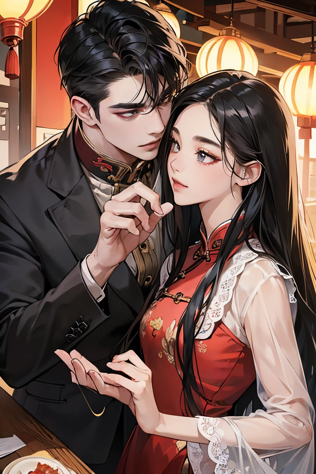 (table top, digital art, digital illustration, 4k, 8K, Super detailed, beautiful images, clear image, realistic, Raw photo, perfect face, perfect lines, perfect eyes, soft lighting) 1 female, (long black hair,straight hair,bullish look,beautiful woman,qipao dress、solid makeup,23 year old female,small breasts:1.3),secretary, Two handsome men in suits, (human,man wearing a suit,muscular,solid shoulder width,adult male,boyish hairstyle,british gentleman's style,A man in his 30s with a cool expression,28 year old man with a bright smile:1.2),couple kissing、kiss、the kiss、romance、kiss、Yokohama Chinatown、china taste、chinatown date、Eat around、Meat Bun、fruit candy、Big eating challenge