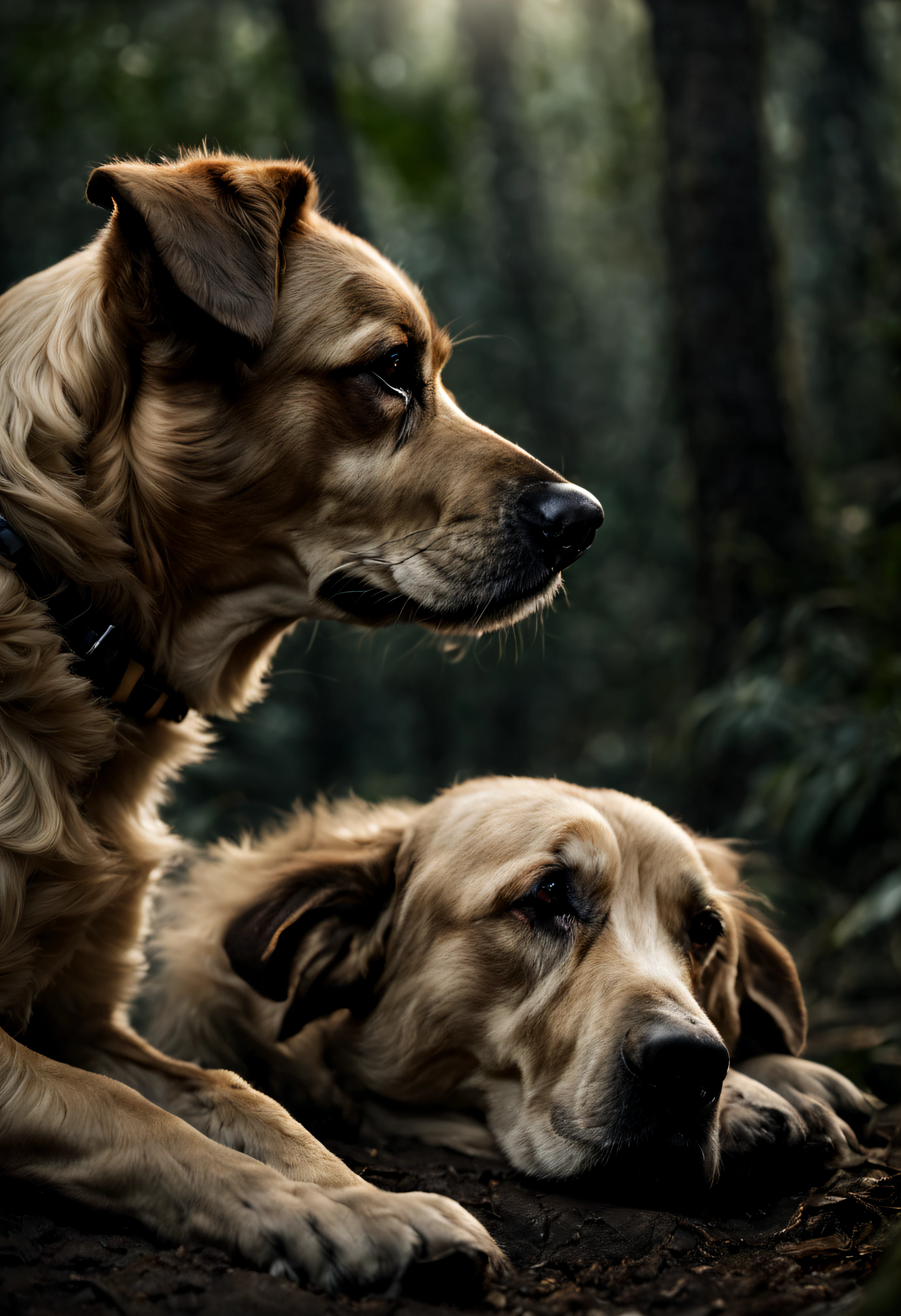 award winning wildlife (medium long shot:1.4), 35mm film movie still, ultra photorealistic, photorealism, (upper profile) shot of a defeated old dog in pain with the (sunken head:1.4) mourning (looking depressed down:1.2), (glossy eyes) cinestill, film grain, taken with hasselblad H6D 100c, the HCD 24mm lens, hazy mood, cinematic dramatic lighting, cold muted colors, (DOF:1.4), (dark lush jungle background), sharp focus, (perfect real extremely details), amazing fine detail, absurdres, hyper realistic lifelike texture, dramatic lighting