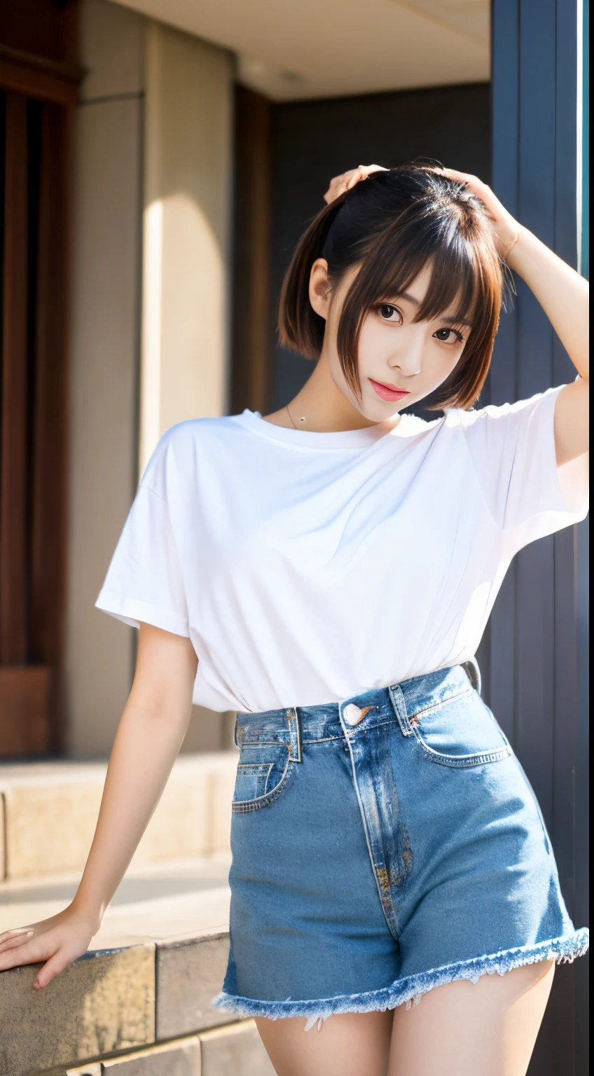 Best-quality, Masterpiece, Ultra-High-Resolution, (Photorealistic:1.4), Raw-Photo, Extremely-Details, Perfect-Anatomy, 1girl, 18-years-old, the most famous Japanese idol, cowboy-shot, upturned hip, looking at viewer, wearing denim hot pants and white t-shirt with cute design, detailed extremely cute face like a most popular Japanese actress, detailed extremely beautiful big black solid circle eyes, detailed extremely beautiful black short-cut-haired, detailed extremely beautiful realistic skins, detailed extremely beautiful hip, detailed extremely beautiful body, detailed extremely beautiful thighs, detailed denim hot pants, detailed white t-shirt with cute design
