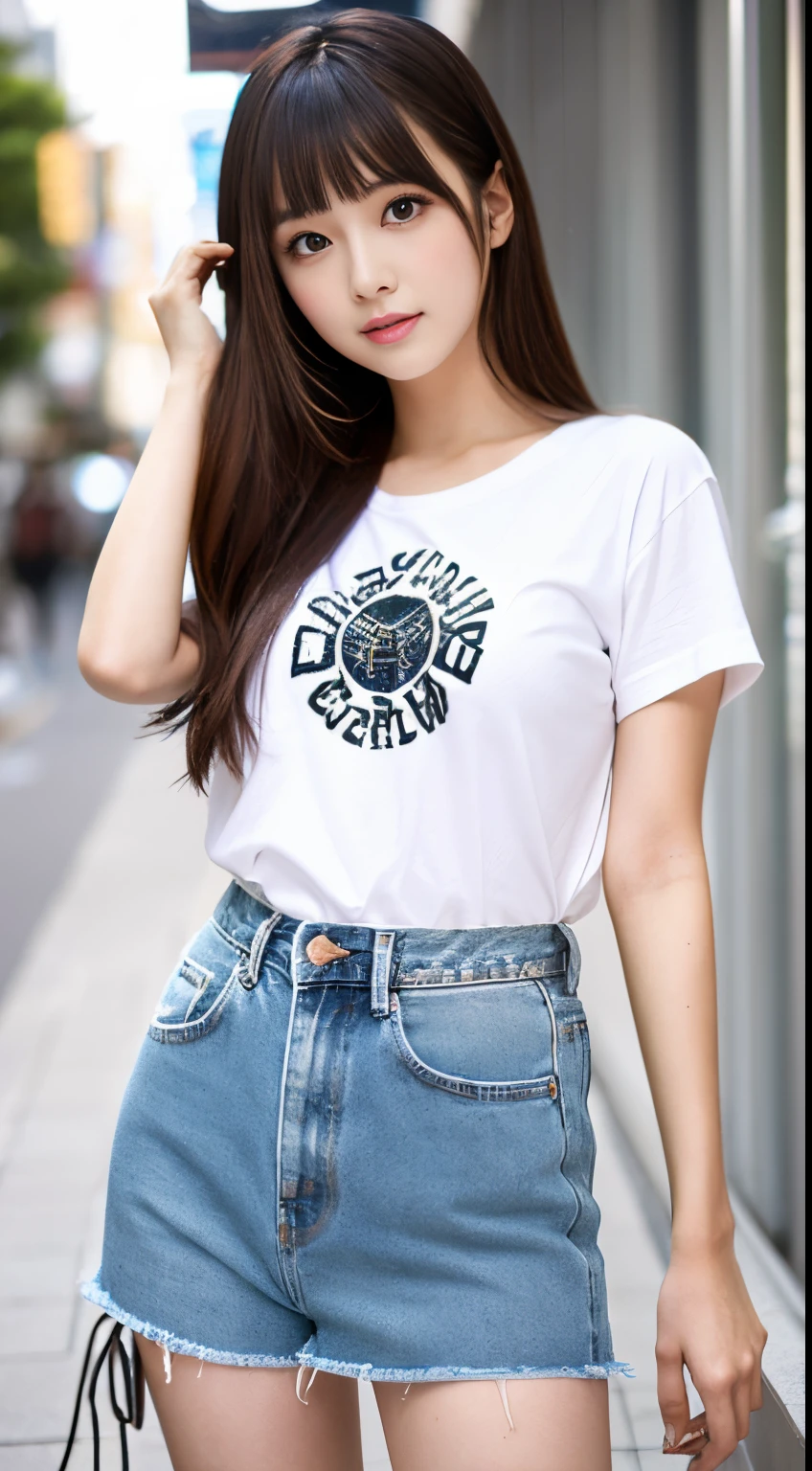 Best-quality, Masterpiece, Ultra-High-Resolution, (Photorealistic:1.4), Raw-Photo, Extremely-Details, Perfect-Anatomy, 1girl, 18-years-old, the most famous Japanese idol, cowboy-shot, upturned hip, looking at viewer, wearing denim hot pants and white t-shirt with cute design, detailed extremely cute face like a most popular Japanese actress, detailed extremely beautiful big black solid circle eyes, detailed extremely beautiful black short-cut-haired, detailed extremely beautiful realistic skins, detailed extremely beautiful hip, detailed extremely beautiful body, detailed extremely beautiful thighs, detailed denim hot pants, detailed white t-shirt with cute design