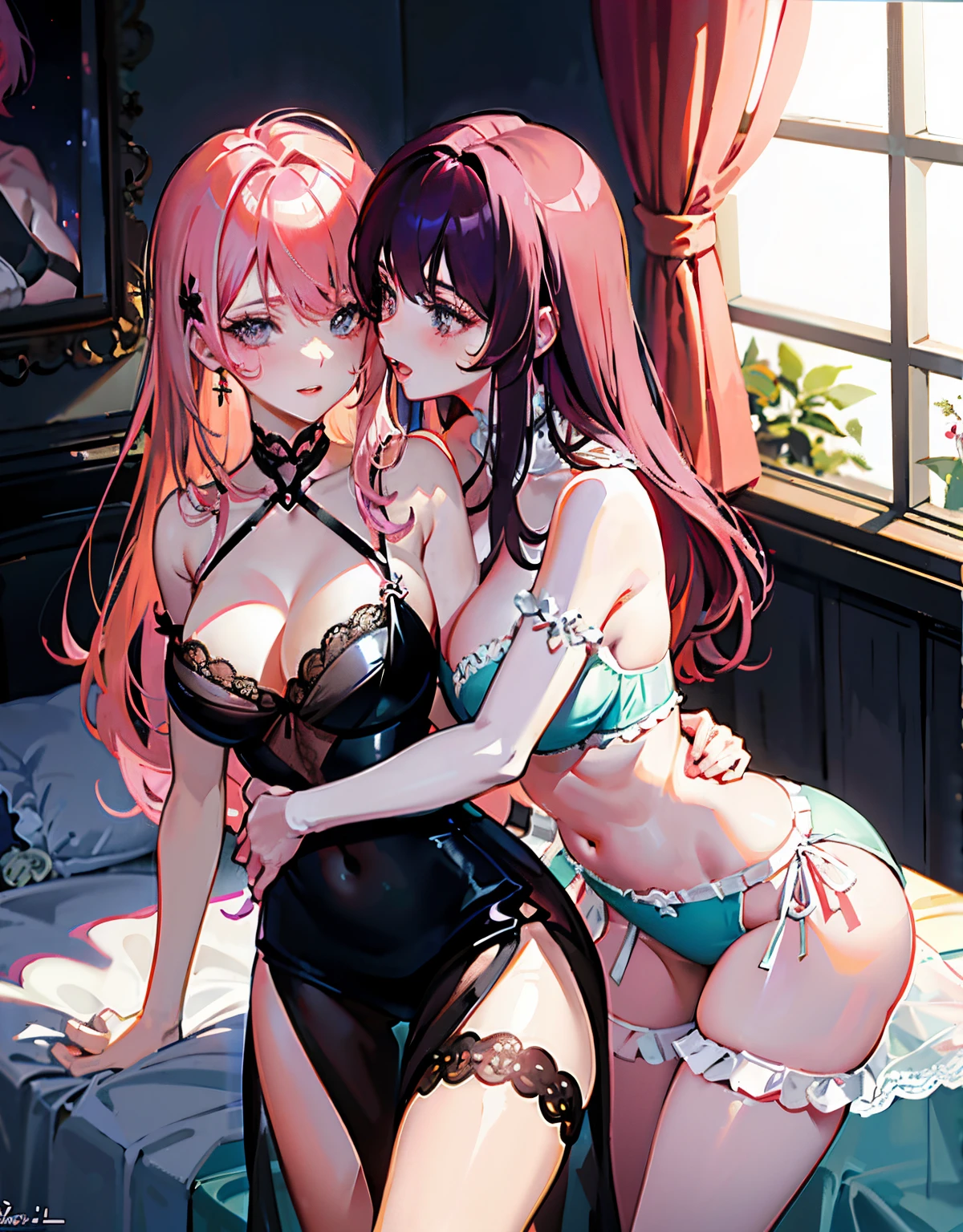 Two anime beautiful girls looking at each other, pressing each other's breasts and hugging each other and kissing fiercely
Two anime beautiful girls hugging in lingerie with a lot of lace and frills See-through　
Big tits
Brown skin
Pink hair 
Purple hair
Glamour
pretty
lolita
Ecstatic look
bedroom
bed
Glamour
Slender
Pretty
Adult
Ecstasy
Bedroom Bed