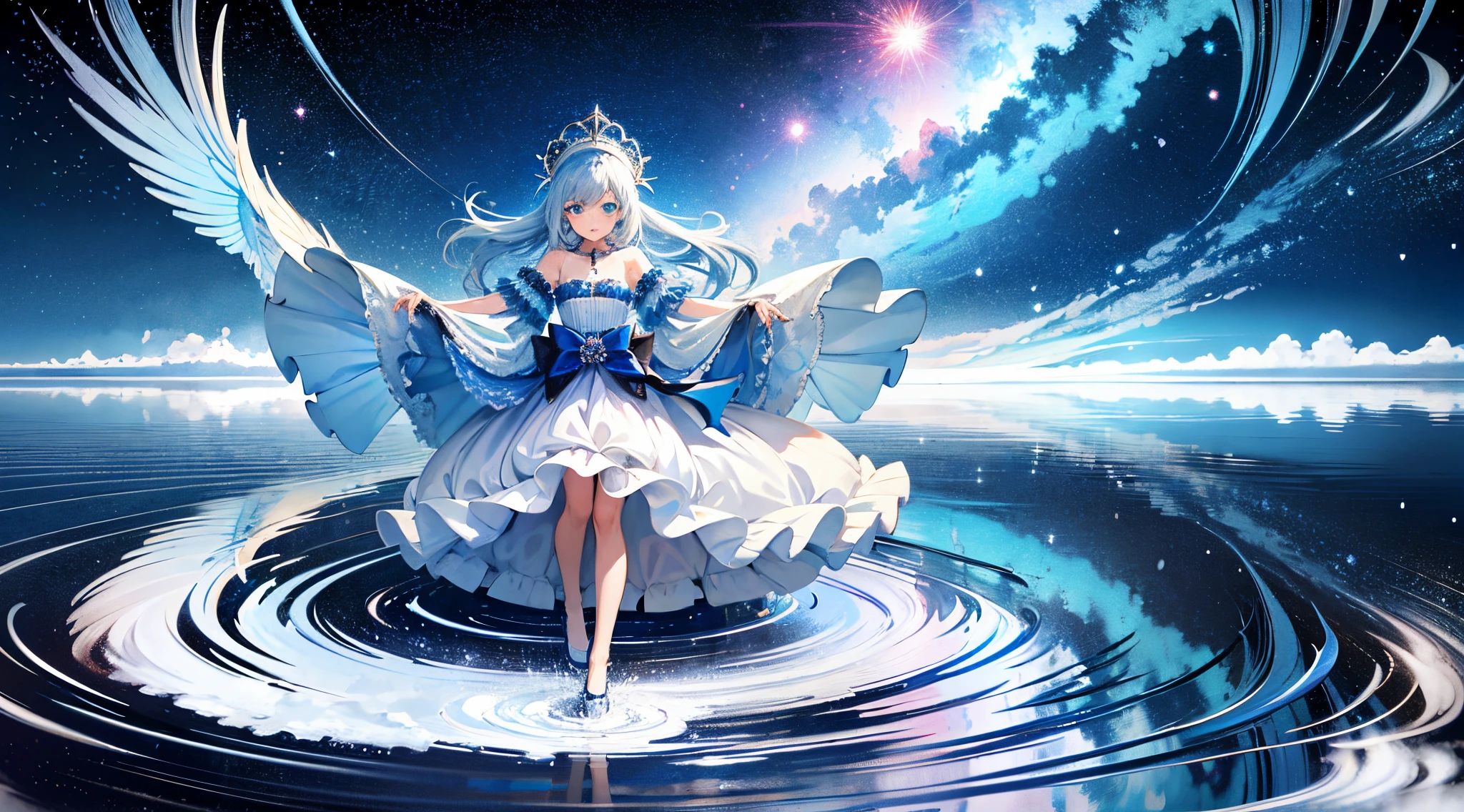 absurdres, highres,, (official art, beautiful and aesthetic:1.2), 
1girl, blue hair, middle hair, blue eyes, shining eyes, 
white long dress, Blue Frill,
blue sky, Sparkling Galaxy, (Salar de Uyuni:1.2),
(Surrealism:1.15), (fractal art:0.3),
water effects, ripple effects, (flower effects:0.65), light effects,
