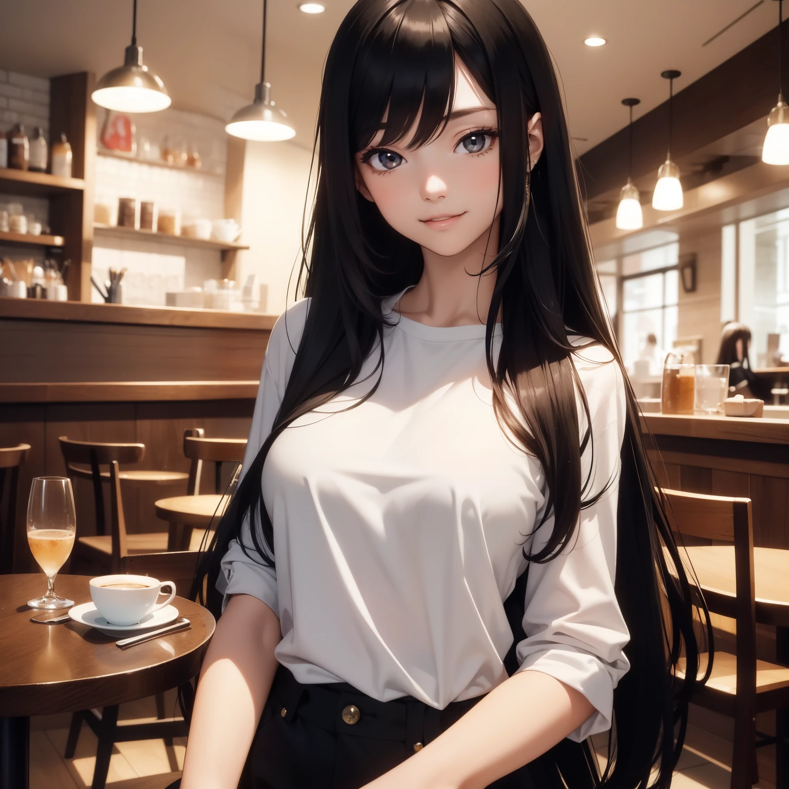 masterpiece, top quality, 1 young woman, long hair, black hair, medium breasts, beautiful, sexy, white t-shirt, perfect body, fine eye detail, intricate detail, (style-pixiv:0,8), portrait, (Smiley :0,7 ), solo, full body shoot , background details, (cafe: 1.1) dynamic, cafe background, night