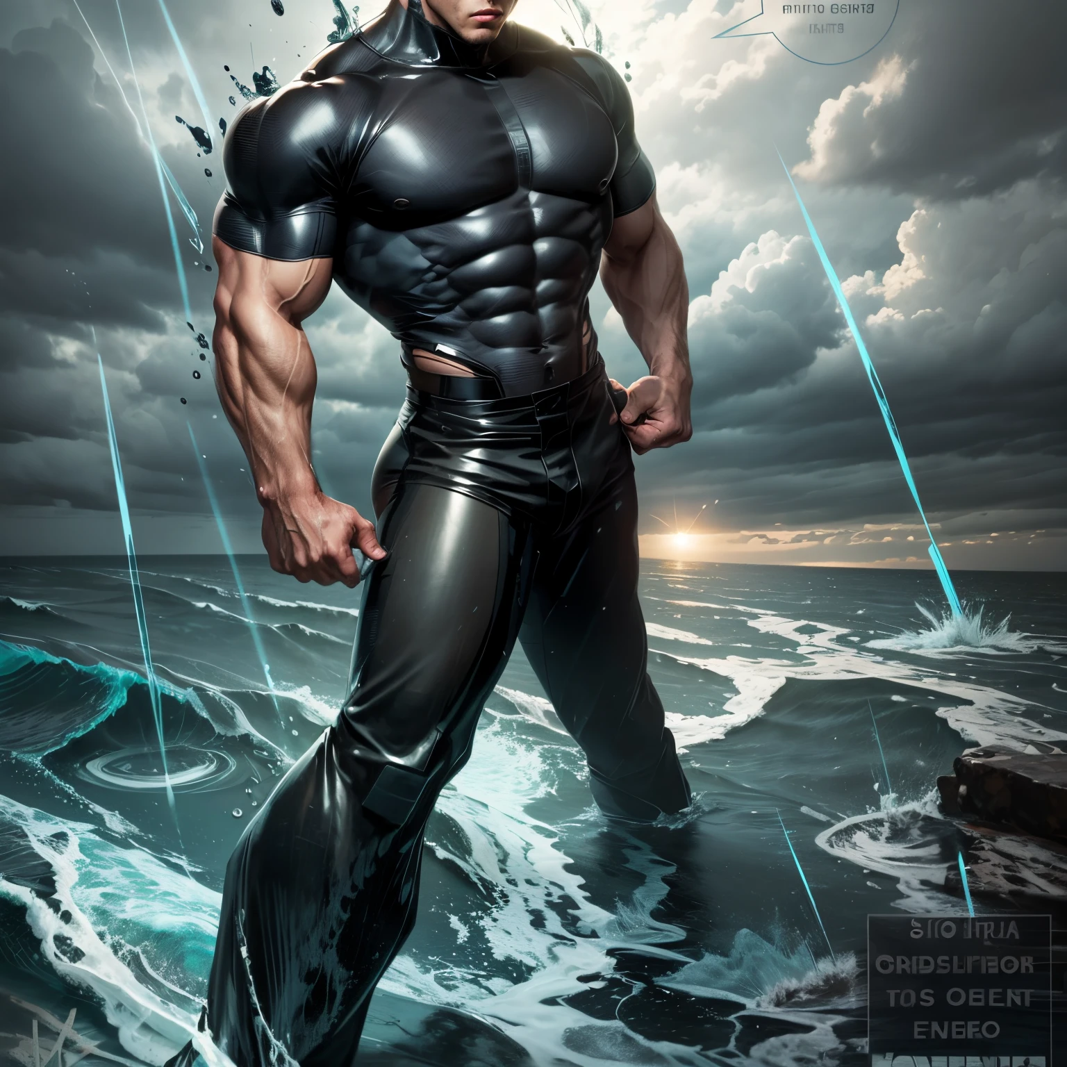 Midget man, 1 boy, muscular, gray short hair, black pants, standing in the ocean, storm weather