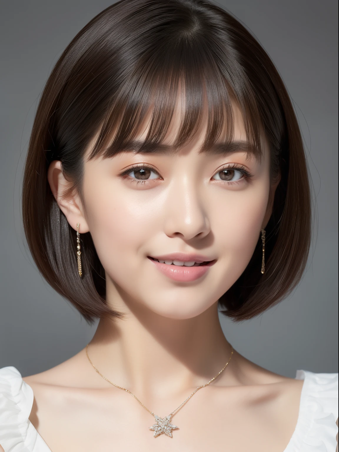 (top-quality, masterpiece, hight resolution), Beautiful 18 year old woman。She wears a white off-the-shoulder with white ruffles that only hide her breasts。Put your shoulders out、kindly smile、Show your teeth a little。Short Bob Hair Straight、(Voluminous short bob、Trimming the bob、straight haired、Straight bangs、On-eyebrow bangs)、Bob with only one ear out、foco nítido、(电影灯光)、鎖骨、ear ornament、a necklace、Light gray background