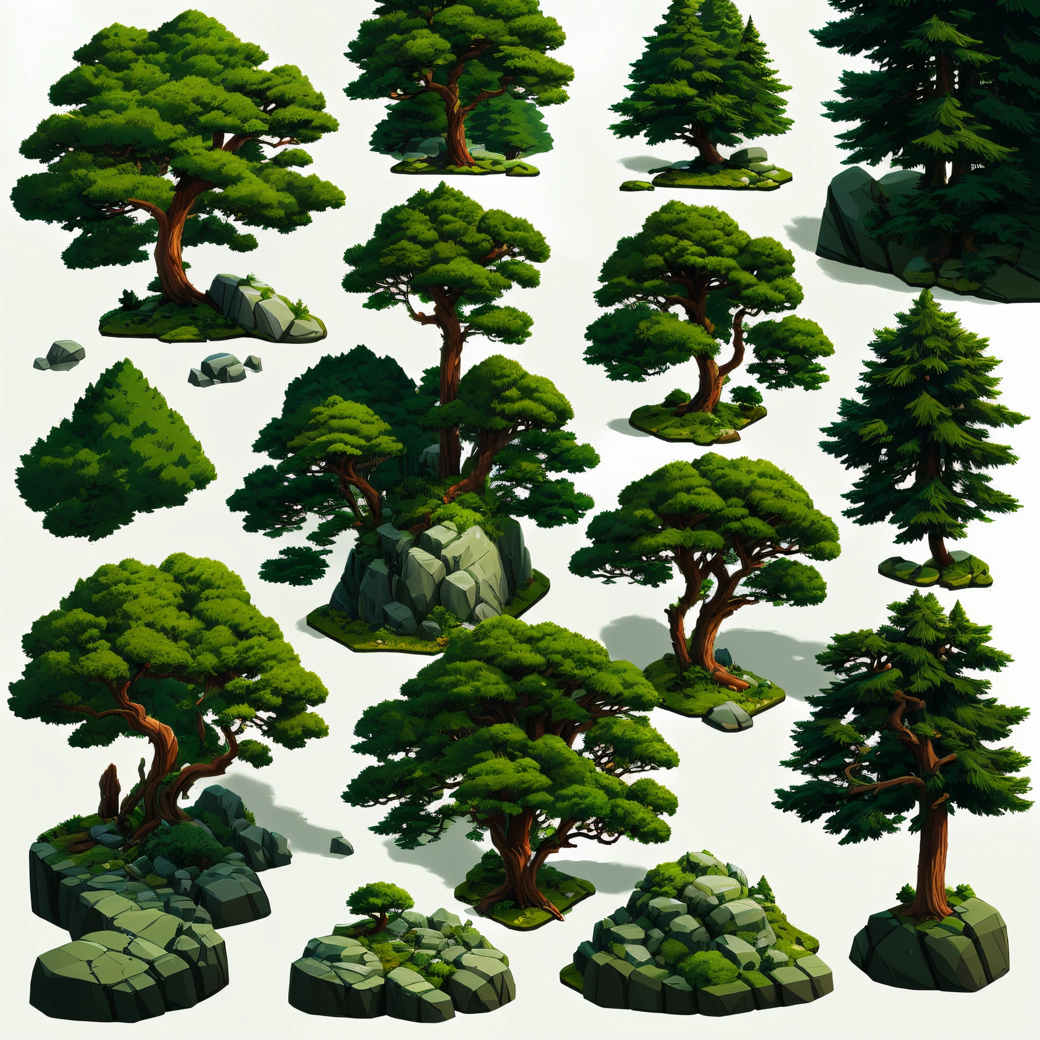 a set of different trees and rocks in a cartoon style, Detailed trees and cliffs, Detailed trees, ultra detailed trees, Isometric game asset, isometric 2 d game art, isometric game art, Accessories containing trees, Isometric environment, trees and bushes, Plant and Tree Game Asset, Pine symbols, stylized greenery, Some trees, Bosque detallado