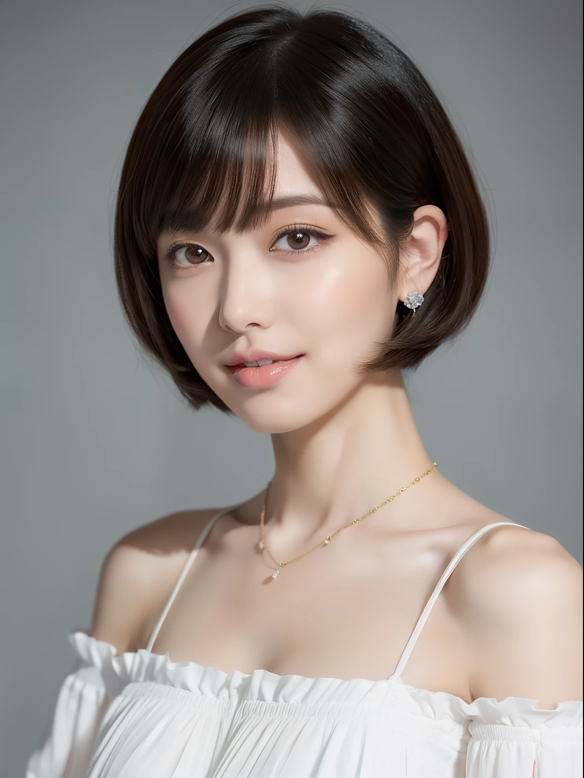 Super detailed, High resolution, Super detaileded, highest quality, wonderful, highest quality,Unified 8k wallpaper, Cinema Lighting, Dark brown hair, Big Breasts :1.2)), Body Dress :1.1,Short Hair、Japanese beauty