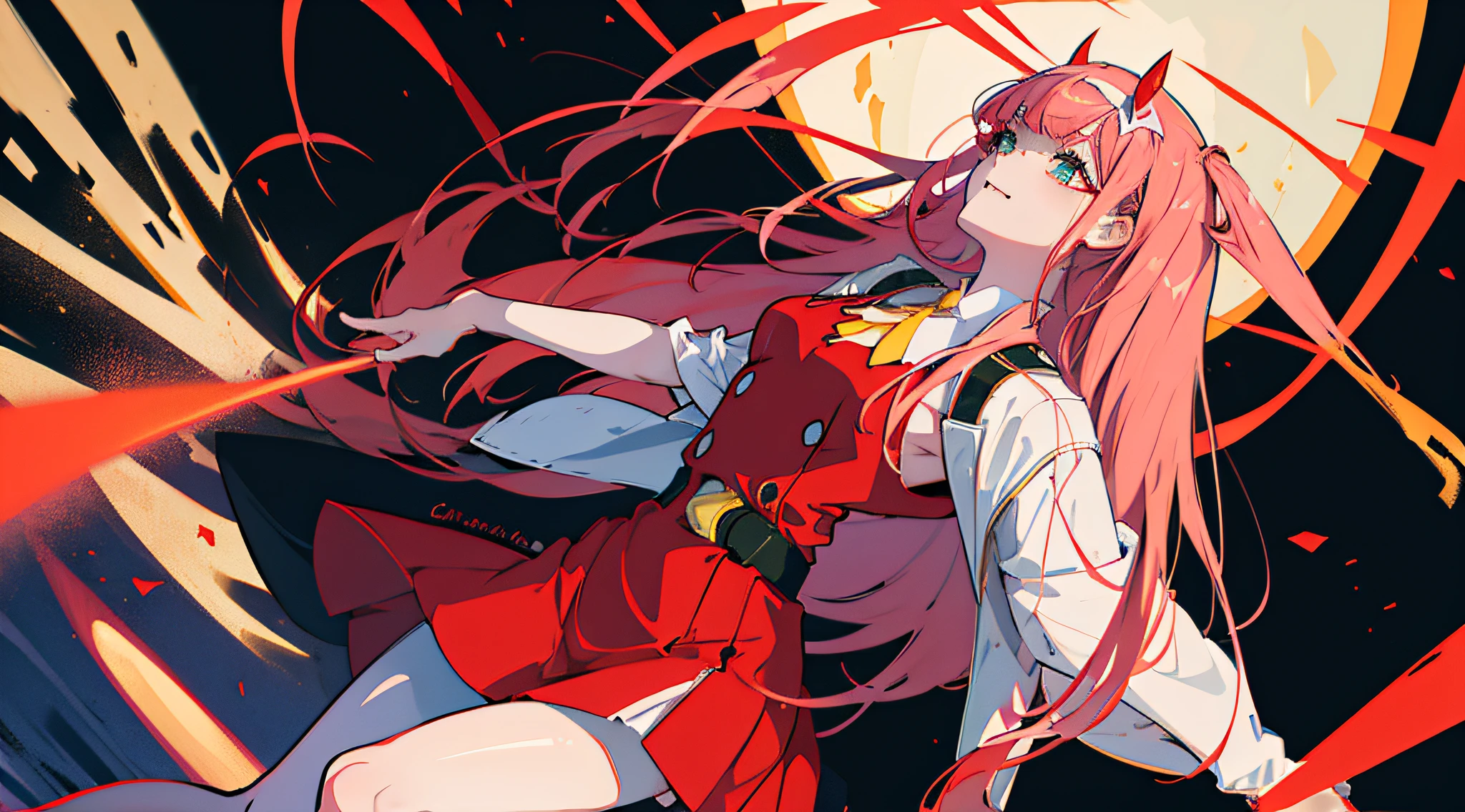 zero two \(darling in franxx\), darling in franxx, 1girl, bangs, bite, shadow, long hair, small breasts, large thighs, makeup, red dress with details, yellow tie, belt, Pantyhose, green eyes, pair of small red horns, pink hair, red eyeshadow, tight skin, solo