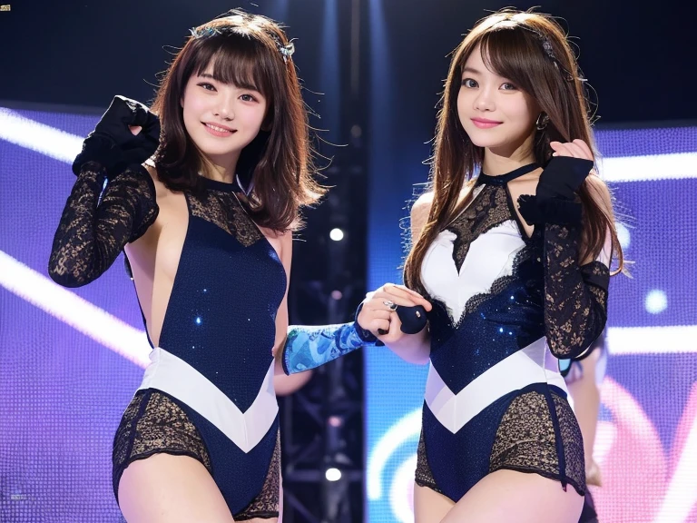 two cute girls with perfect bodies: 1.4, wrestling tag team,same outfit,(14years, teens), 2,(Lori,lacy fabric,onepiece swimsuit, Very small breasts), Stand in the ring of professional wrestling,extremely detailed face and skin, Detailed eyes, Double eyelids, Grinning smile,stand a little apart,knee high socks,Lori,Lace gloves,straight haired,white hairband,Nogizaka46,idol