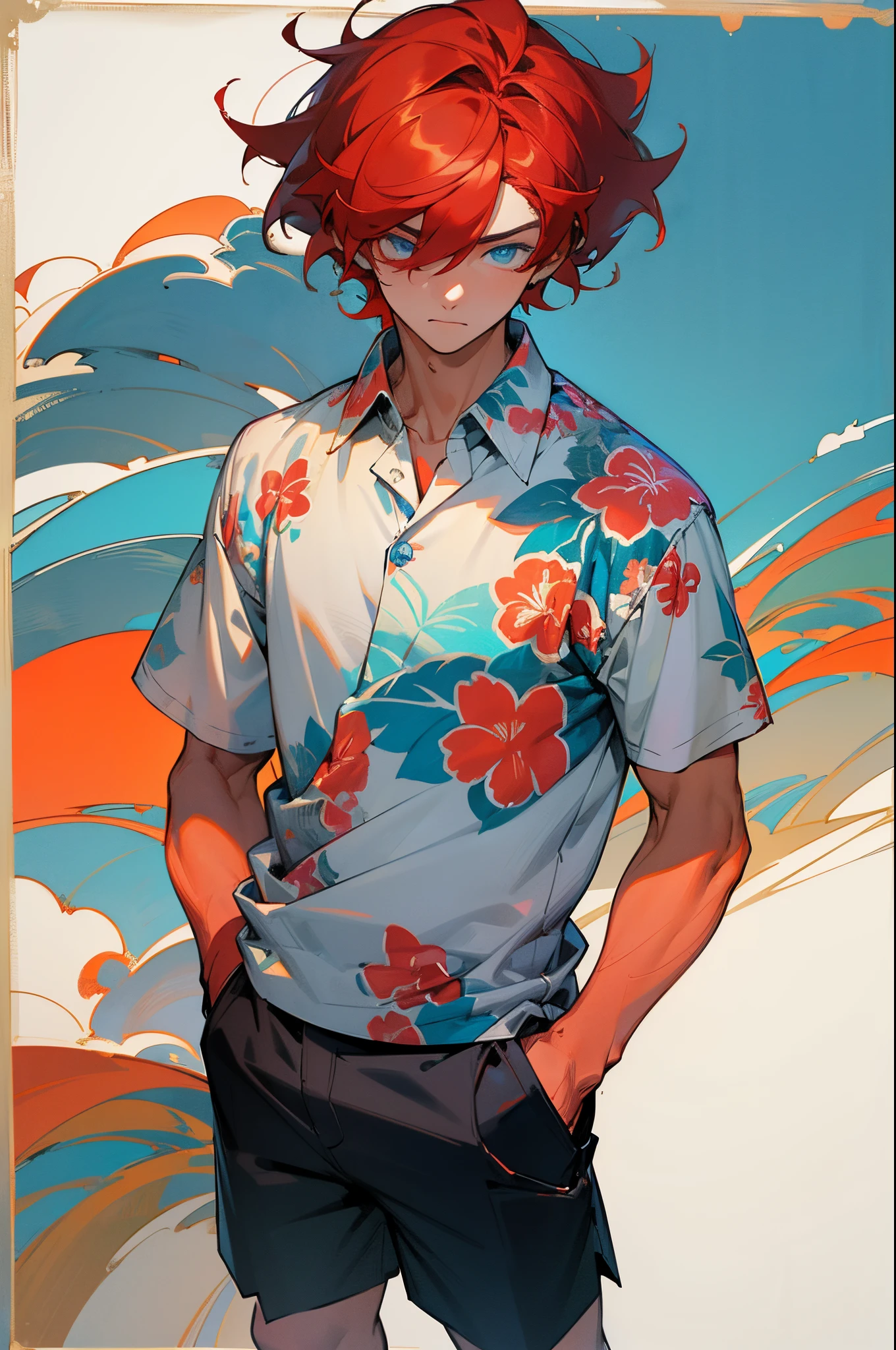 masterpiece, best quality, 1male, man, teenager, red hair, (hair covering eyes), blue detailed eyes, white tanktop, black shorts, outside, hands in pockets, hawaiian shirt, floral shirt