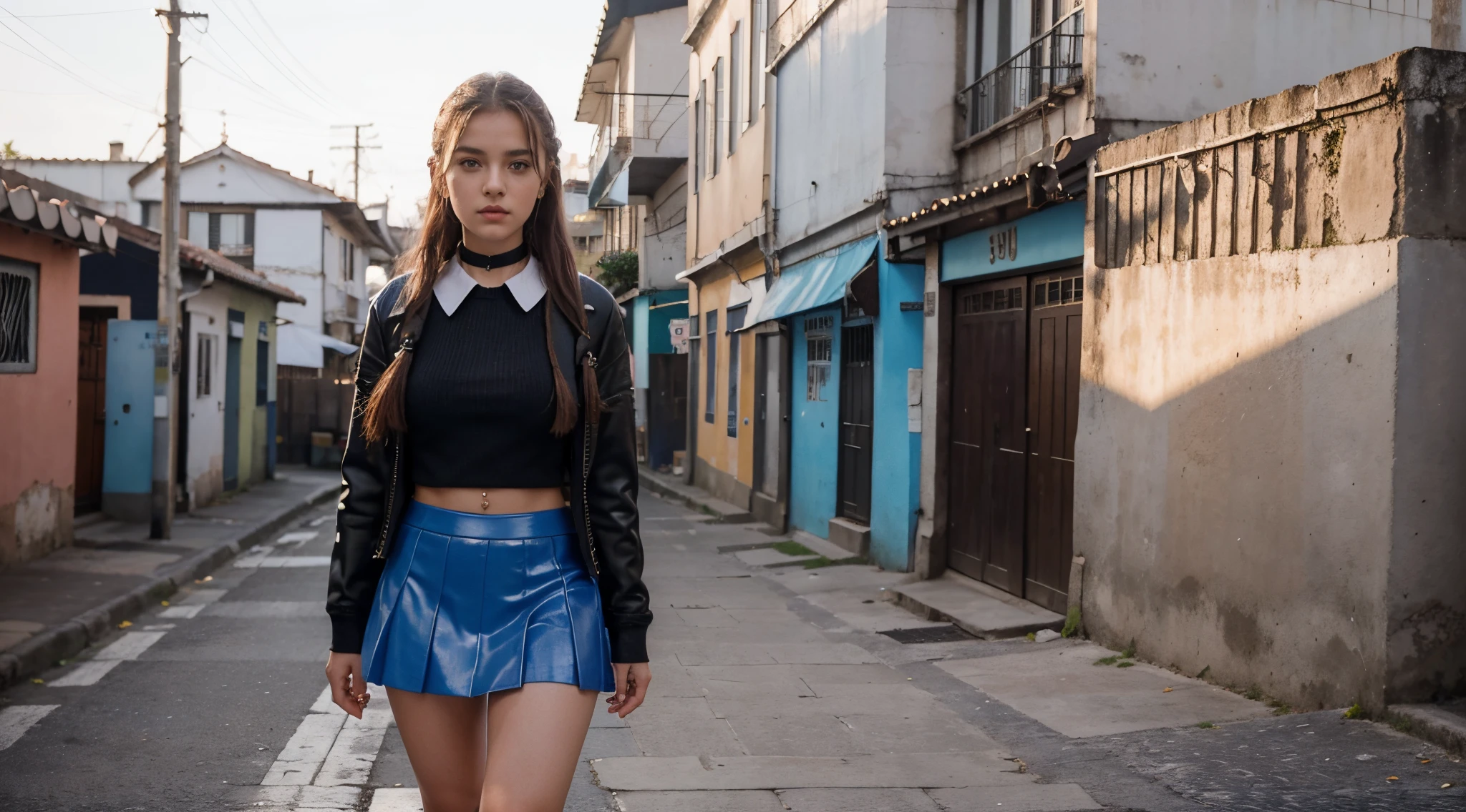 An 18-year-old Brazilian girl from Rio, small, with a fragile and extremely attractive appearance of light brown skin, medium wavy black hair at neckline length and with the roots parted in the middle, black eyes and delicate curves. 1,66cm and 65kg, hourglass body, and a mole below the right eye. Wearing black and red colored clothes, short black schoolgirl skirt, white fishnet tights, red All Star style sneakers and red blouse and the character Sailor Moon's hairstyle of double odango buns, short nails painted blood red. A full-body realistic style image.
