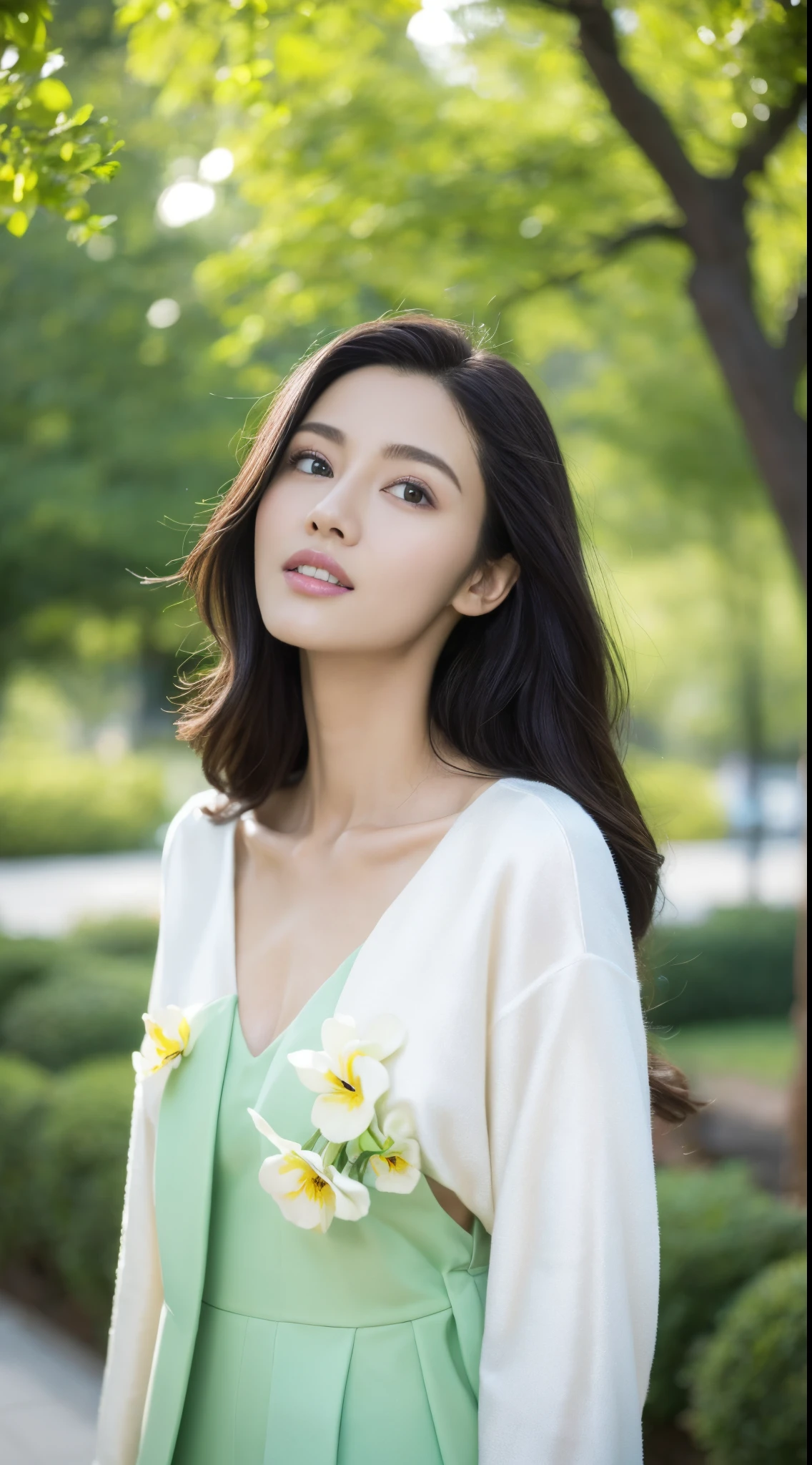Fashion model 18 years old [[[[Close-up cleavage]]]], [[[[climaxing]]]], [[[[Cole]]]], [[[[bshoulder]]]], perfect  eyes, Perfect iris，perfect lips，perfect teeth，Perfect Skin，with fair skin，HighDynamicRange，Movie Girl，(s delicate face)，(Highly defined faces)，White casual wear，The background is green trees，fresh flowers，4K Ultra HD, 超高分辨率, (realisticlying: 1.4), Best quality at best，tmasterpiece，（pastel colour：1.2）