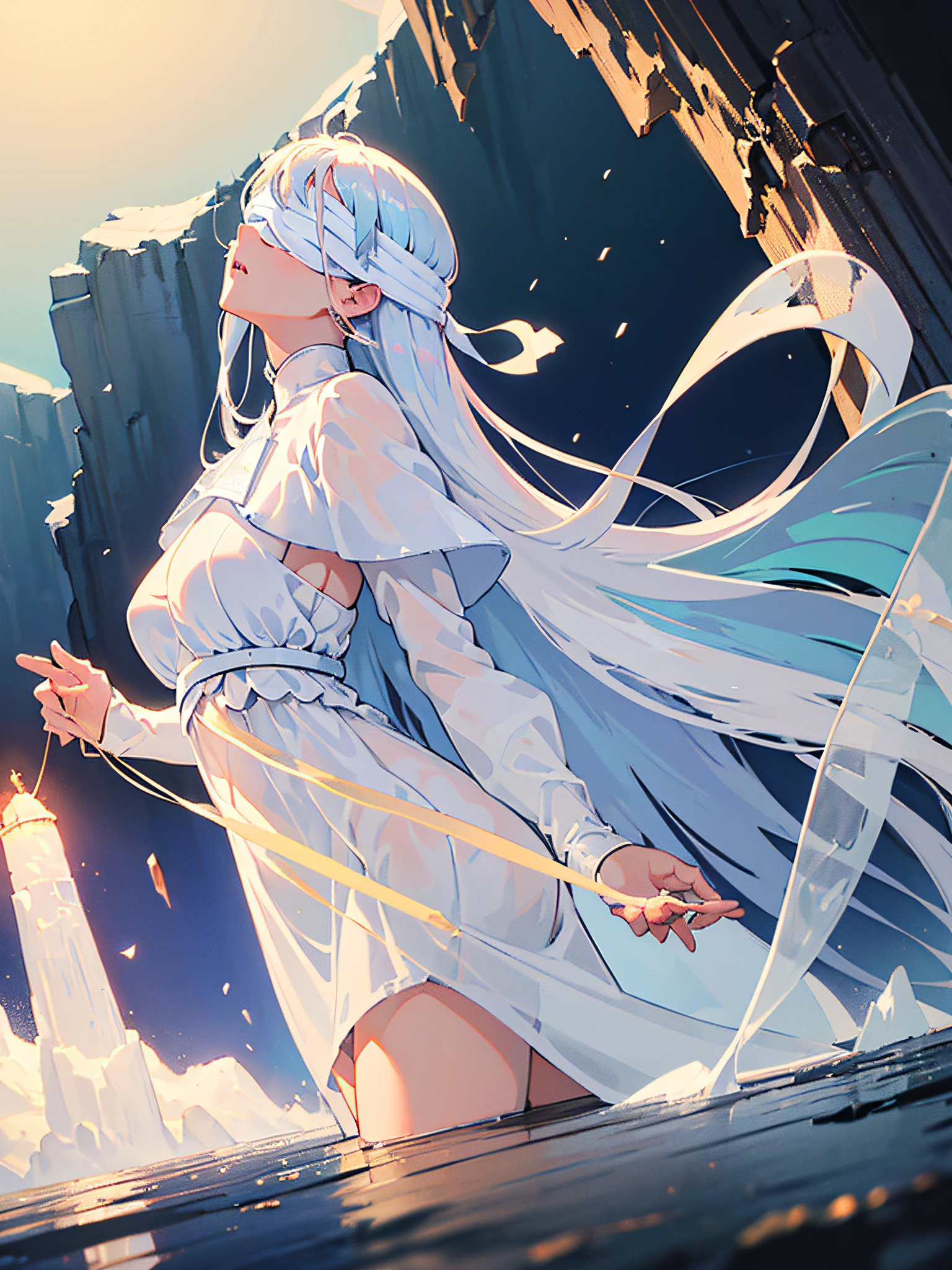 A anime girl in profile walking in a cave with ice walls, (((distant photographic angle))), the ice walls make the most perfect reflections, (((blindfold full white))), casual long white dress with syrup, white hair, long sideburns, luminous almost white eyes, perfect thick lips, small mouth, small breasts, thick legs, big ass, {extremely detailed 16k CG unit wallpaper}, expansive landscape photography, (a view from below with focus on character and sky above), (wide open field view), (low angle shot), (high light: 1.5), (low light: 1.3), (warm light source: 1.2), complex details , (iridescent colors: 1.5), (bright lighting), (atmospheric lighting), dreamy, unique,