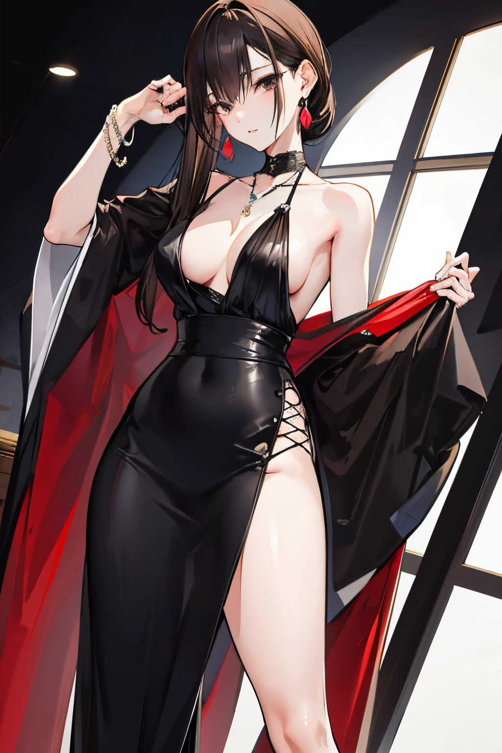 a tall and slender Japanese-American woman in her early 30s. She has dark brown hair perfecty tied up and rolled up. She wears black formal suit with fancy necklace, earrings and bracelet.