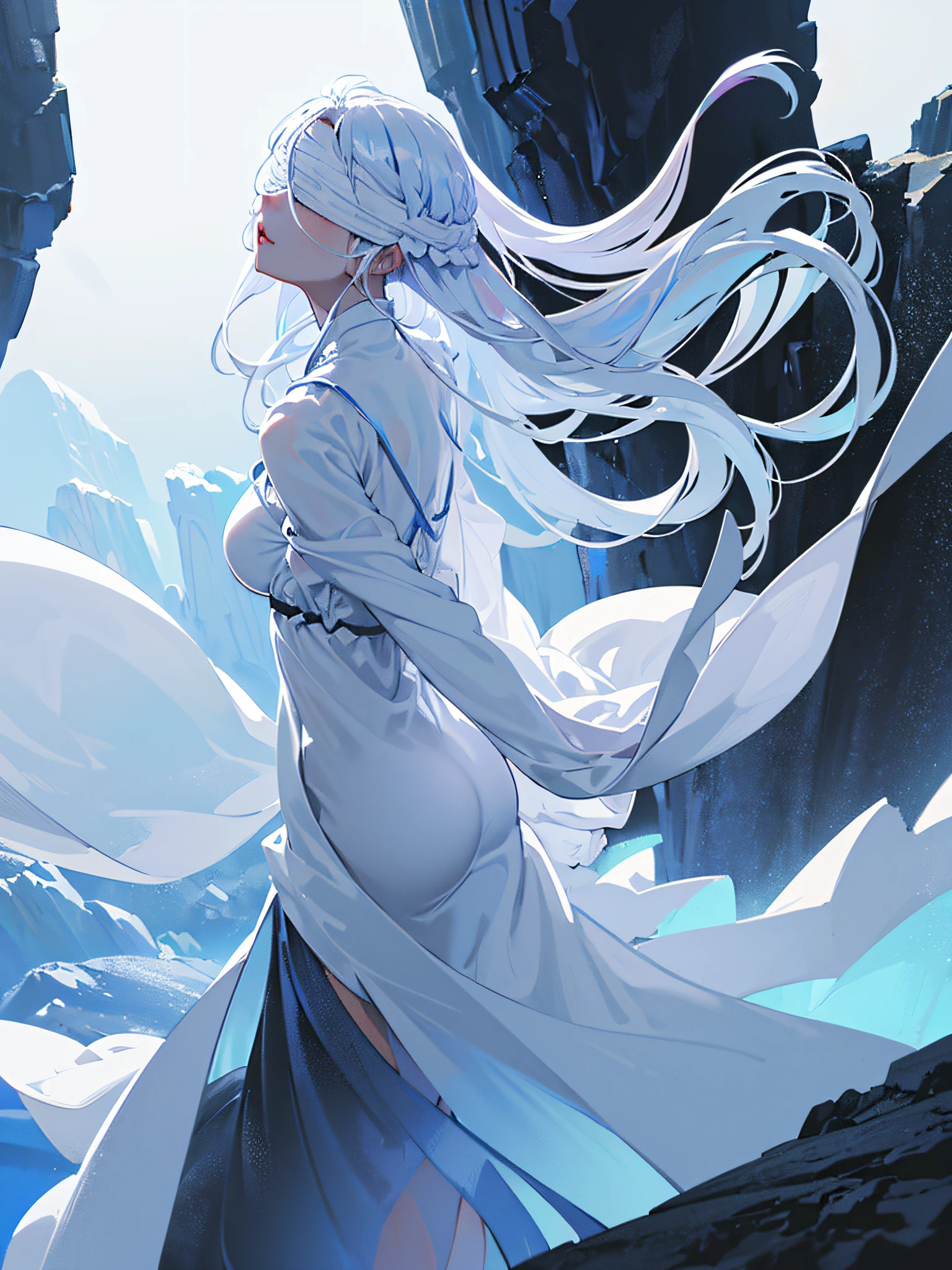 A anime girl in profile walking in a cave with ice walls, (((distant photographic angle))), the ice walls make the most perfect reflections, (((blindfold full white))), casual long white dress with syrup, white hair, long sideburns, luminous almost white eyes, perfect thick lips, small mouth, small breasts, thick legs, big ass, {extremely detailed 16k CG unit wallpaper}, expansive landscape photography, (a view from below with focus on character and sky above), (wide open field view), (low angle shot), (high light: 1.5), (low light: 1.3), (warm light source: 1.2), complex details , (iridescent colors: 1.5), (bright lighting), (atmospheric lighting), dreamy, unique,