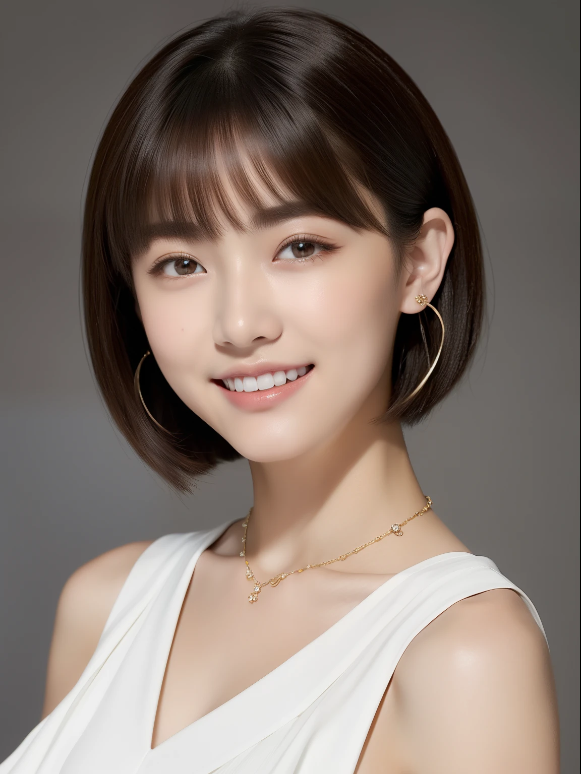 (top-quality, masterpiece, hight resolution), Beautiful 18 year old woman。She wears a white off-the-shoulder with white ruffles that only hide her breasts。kindly smile、Show your teeth a little。Short Bob Hair Straight、(Voluminous short bob、Trimming the bob、straight haired、Straight bangs、On-eyebrow bangs)、Bob with only one ear out、foco nítido、(电影灯光)、鎖骨、ear ornament、a necklace、Light gray background